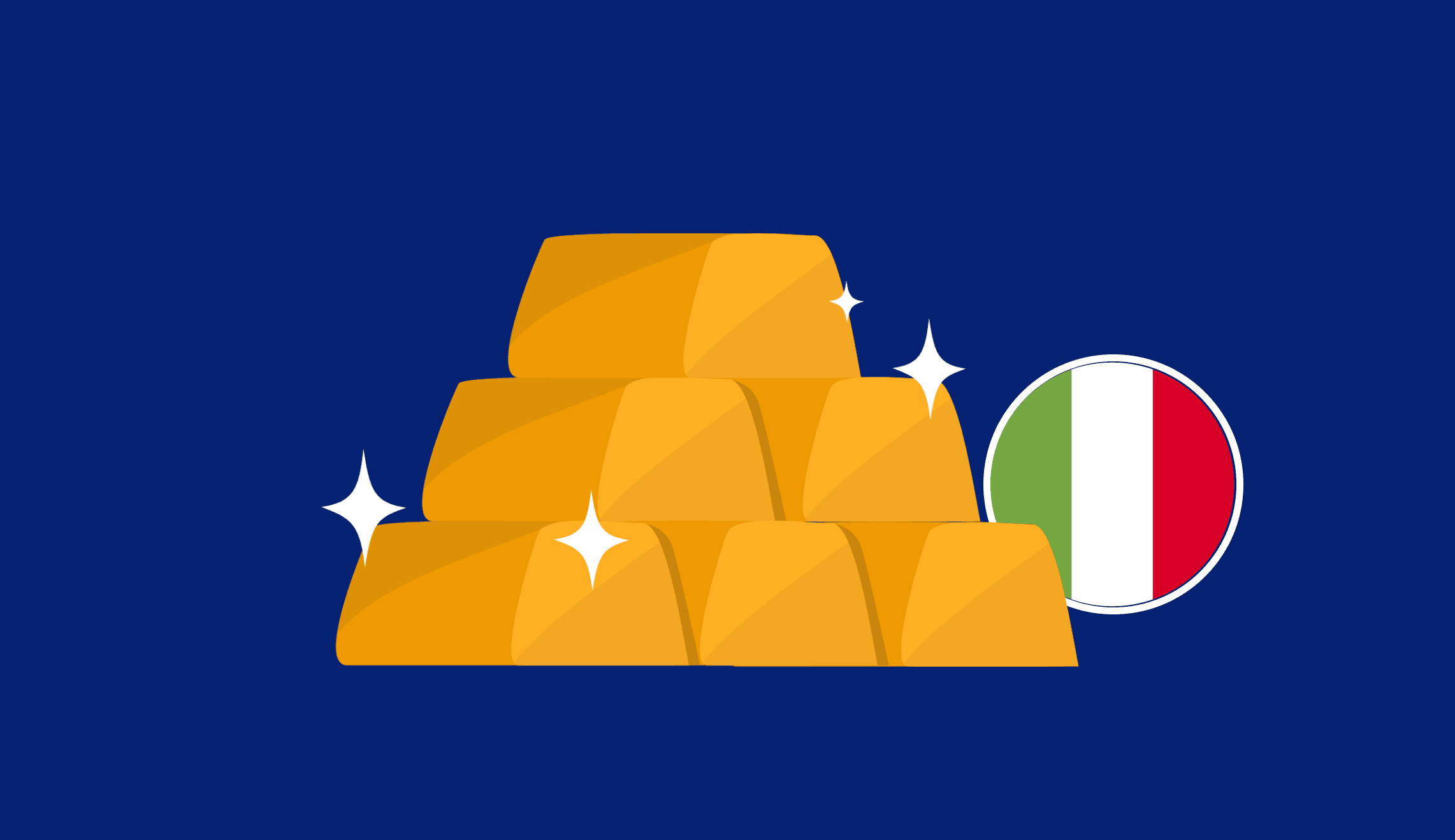 La bandiera italiana con una pila di lingotti d'oro La bandiera italiana con una pila di lingotti d'oro