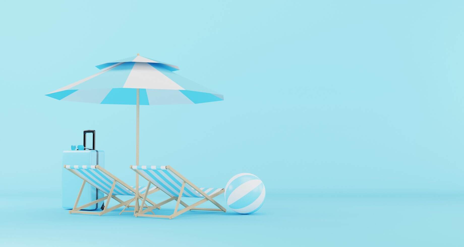 due sdraio a strisce con una valigia, un ombrellone e un pallone da spiaggia su uno sfondo azzurro due sdraio a strisce con una valigia, un ombrellone e un pallone da spiaggia su uno sfondo azzurro