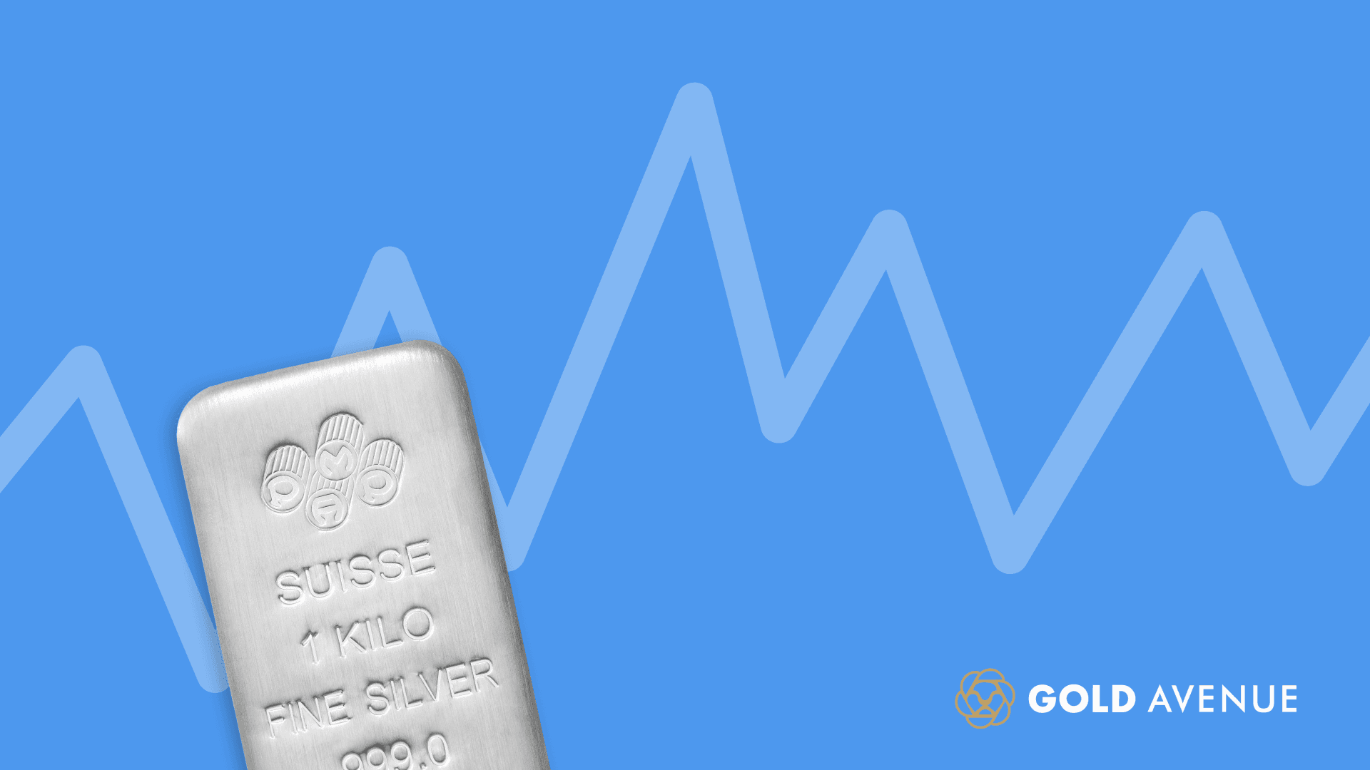 Silberbarren auf blauem Hintergrund mit Preiskurve und GOLD AVENUE-Logo – Darstellung der Silberpreisentwicklung Silberbarren auf blauem Hintergrund mit Preiskurve und GOLD AVENUE-Logo – Darstellung der Silberpreisentwicklung