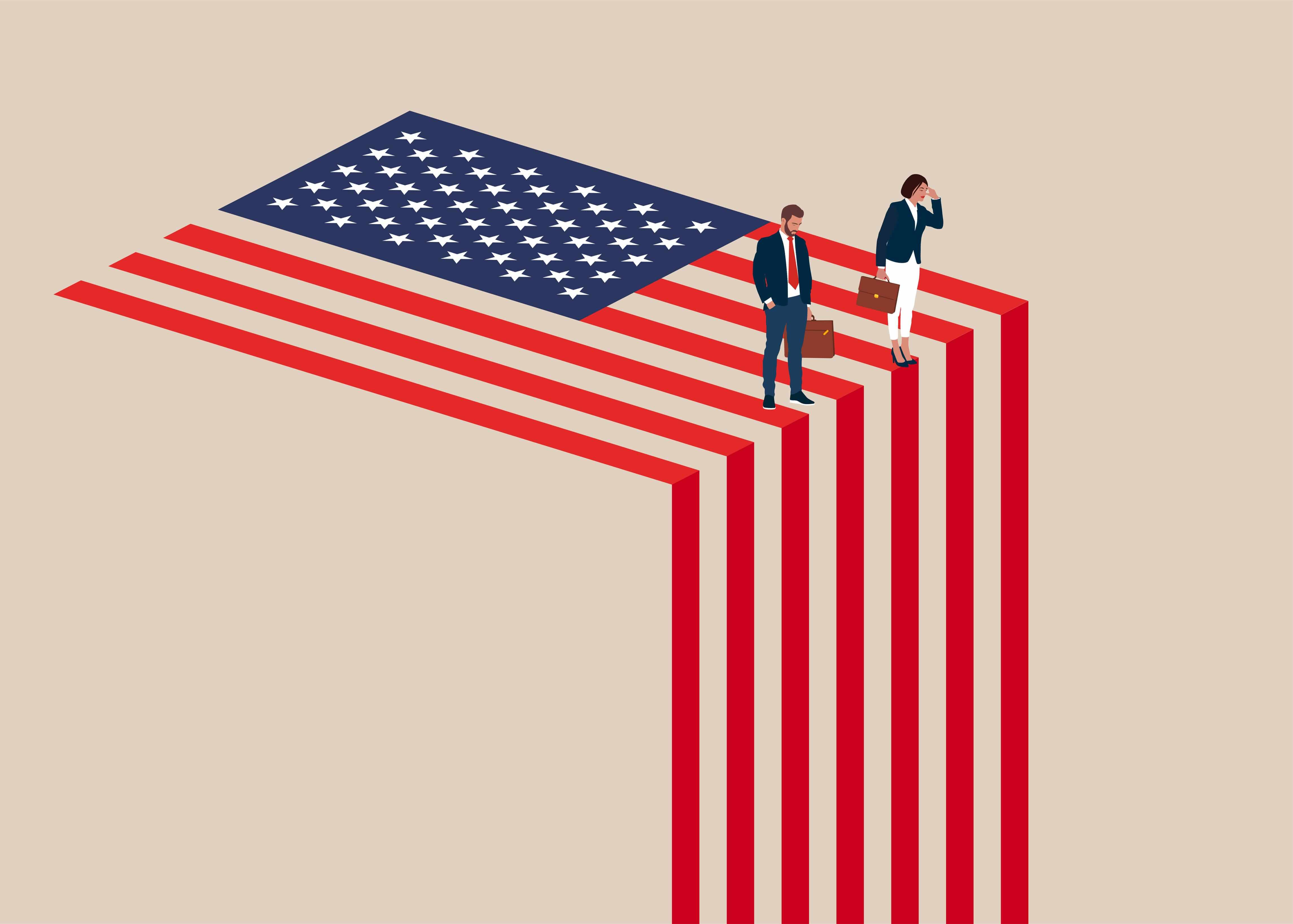Zwei Männer stehen am Rande der US-Flagge und blicken nach unten, jeder hält einen Koffer in der Hand. Zwei Männer stehen am Rande der US-Flagge und blicken nach unten, jeder hält einen Koffer in der Hand.