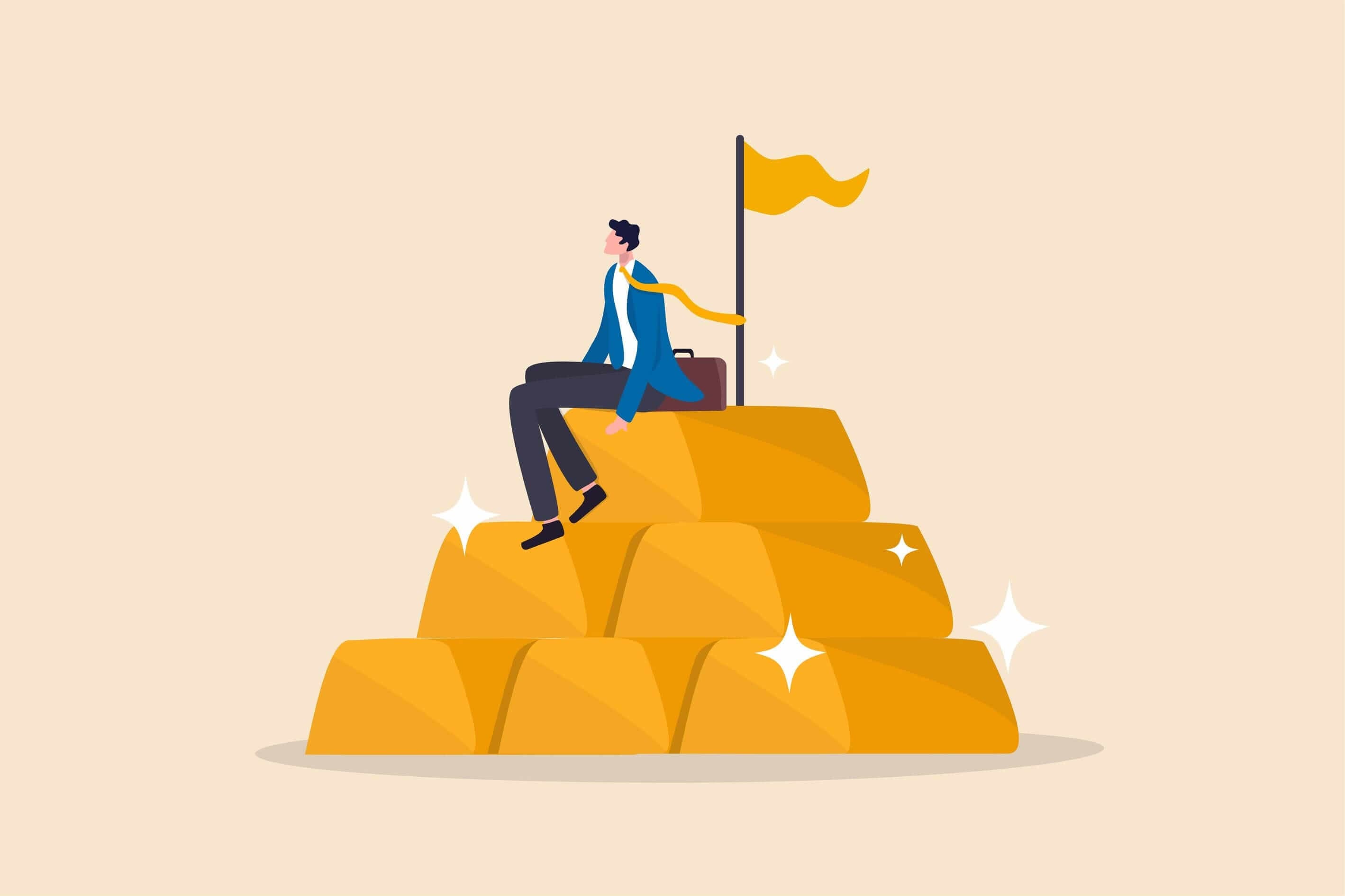 dessin humoristique d'un homme en costume avec une valise assis sur une pile de lingots d'or surmontée d'un drapeau doré. dessin humoristique d'un homme en costume avec une valise assis sur une pile de lingots d'or surmontée d'un drapeau doré.