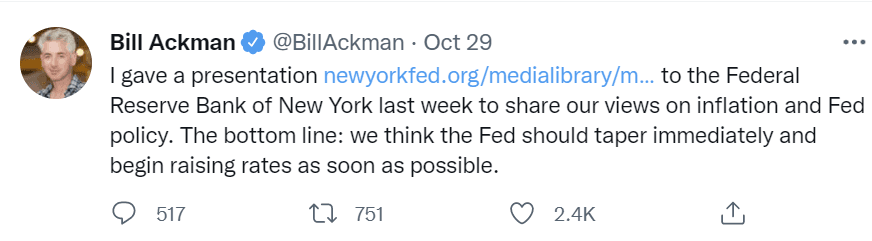 Le tweet de Bill Ackman’s appellant la Fed à commencer son tapering pour contenir l'inflation Le tweet de Bill Ackman’s appellant la Fed à commencer son tapering pour contenir l'inflation