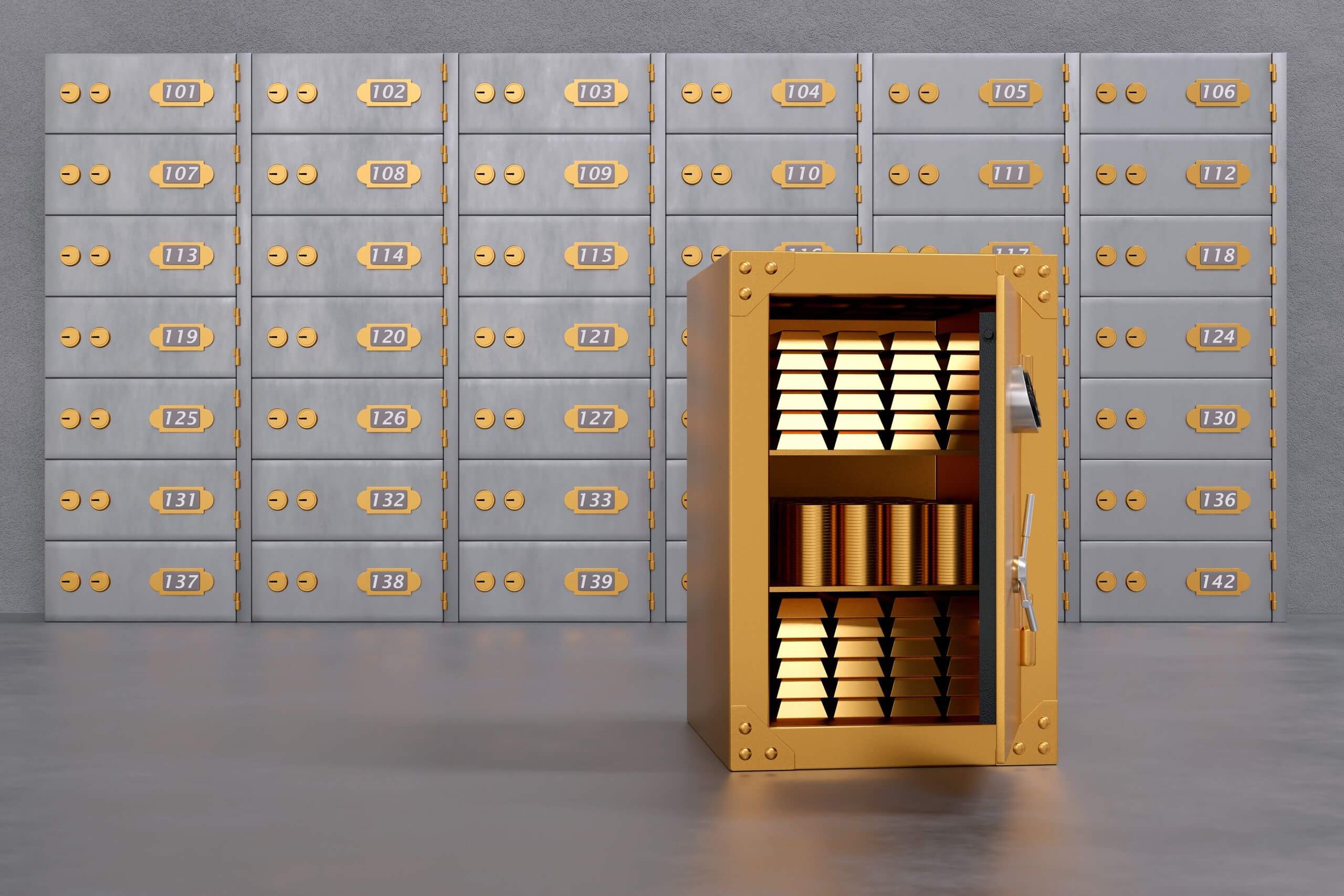 A safe deposit box filled with gold bars A safe deposit box filled with gold bars