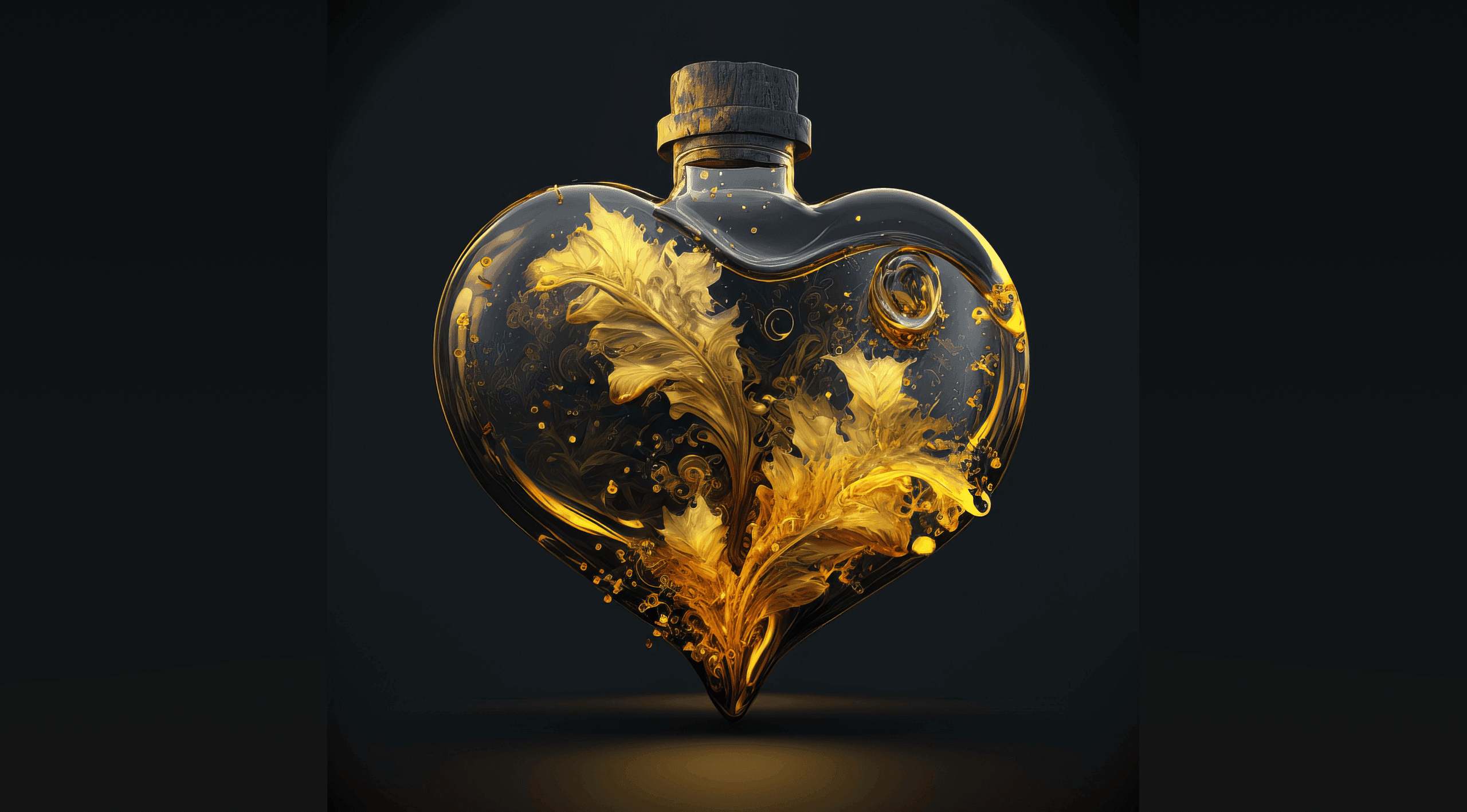une fleur dorée dans un verre en forme de cœur avec un philtre d'amour. une fleur dorée dans un verre en forme de cœur avec un philtre d'amour.