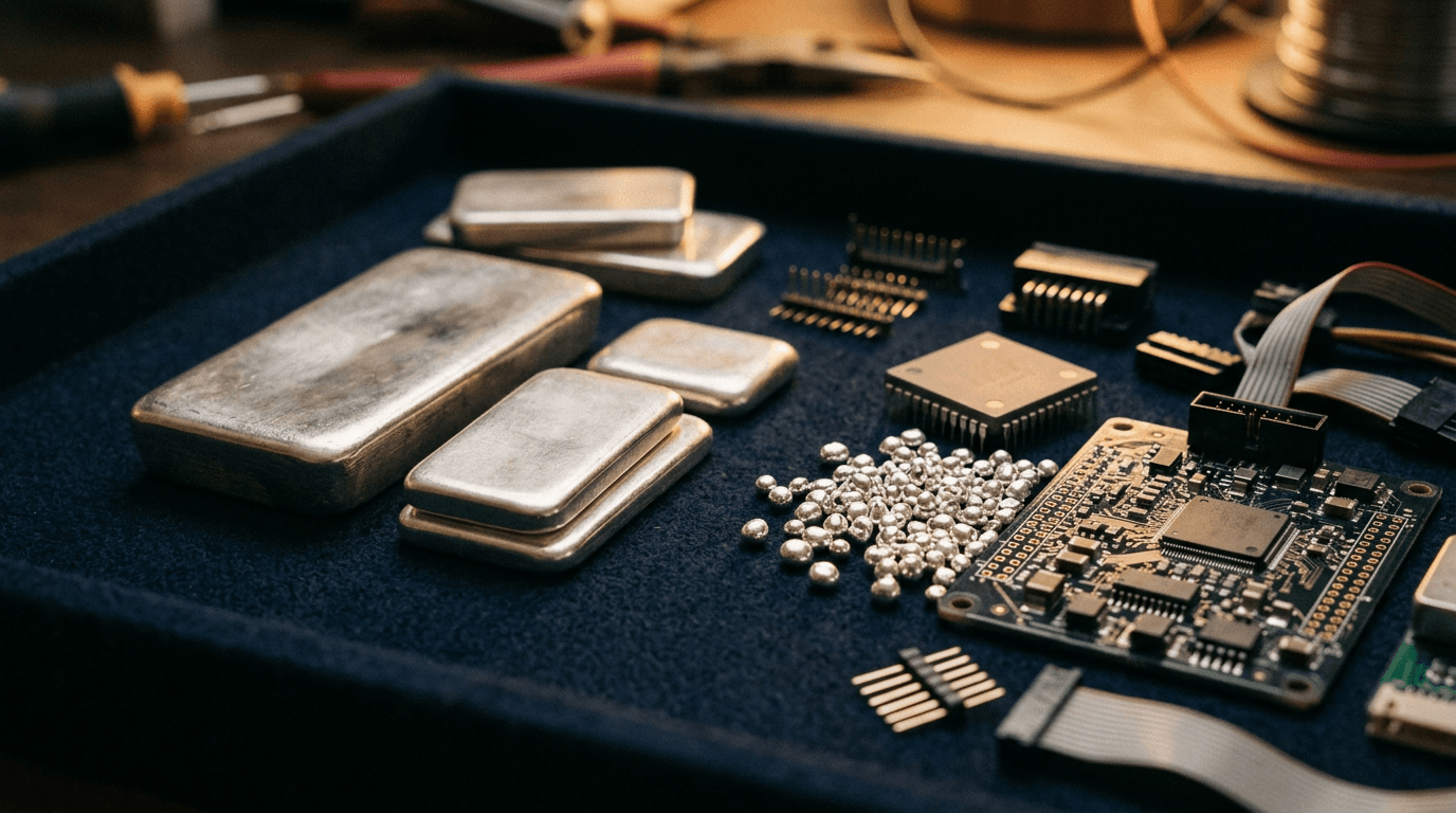 Lingotti d'argento, grani di colata e componenti elettronici (scheda PCB, chip e connettori) su un vassoio da officina con sfondo blu navy.