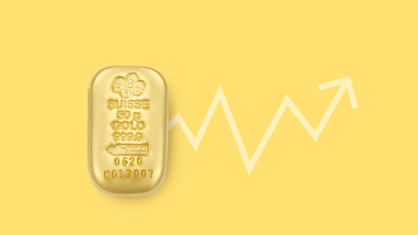 US Election: How Will Trump's Win Affect the Price of Gold? pamp suisse gold bar on a yellow background with a rising arrow