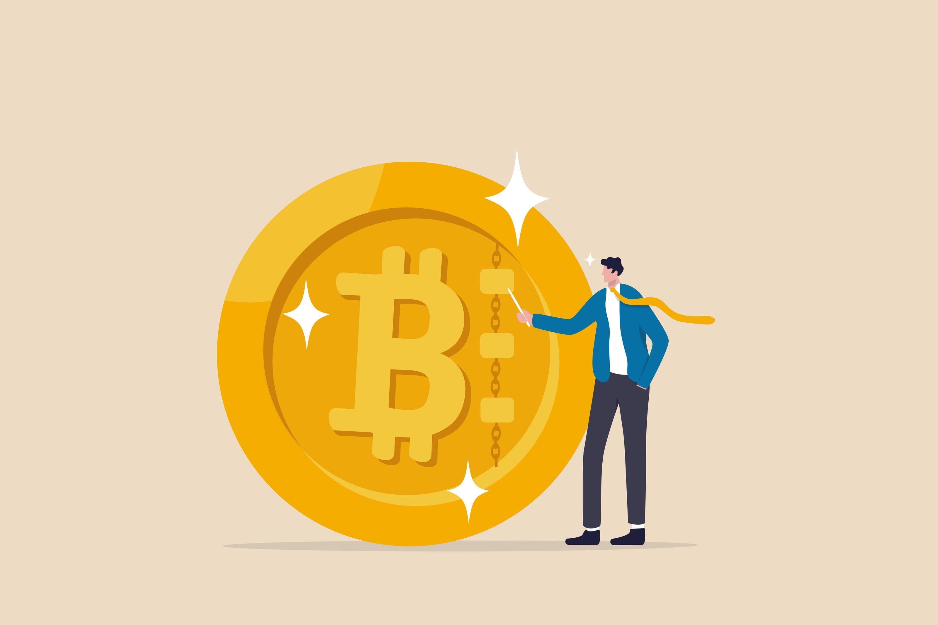 L’investimento in criptovalute rappresentato da una vignetta con un uomo in giacca e cravatta vicino a un Bitcoin gigante in oro. L’investimento in criptovalute rappresentato da una vignetta con un uomo in giacca e cravatta vicino a un Bitcoin gigante in oro.