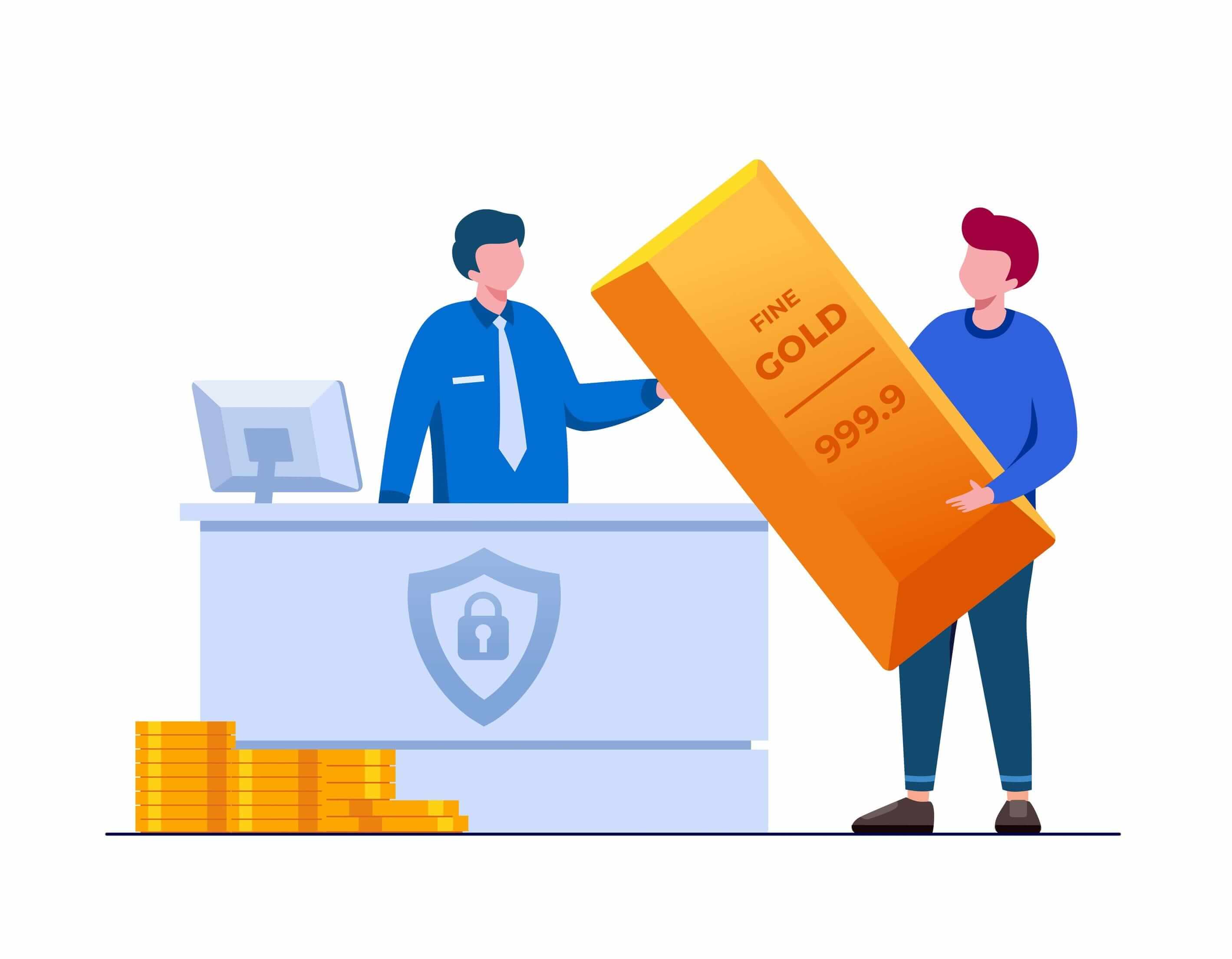 a cartoon picture of a cashier and an investor buying a fine gold bar and four piles of gold coins a cartoon picture of a cashier and an investor buying a fine gold bar and four piles of gold coins