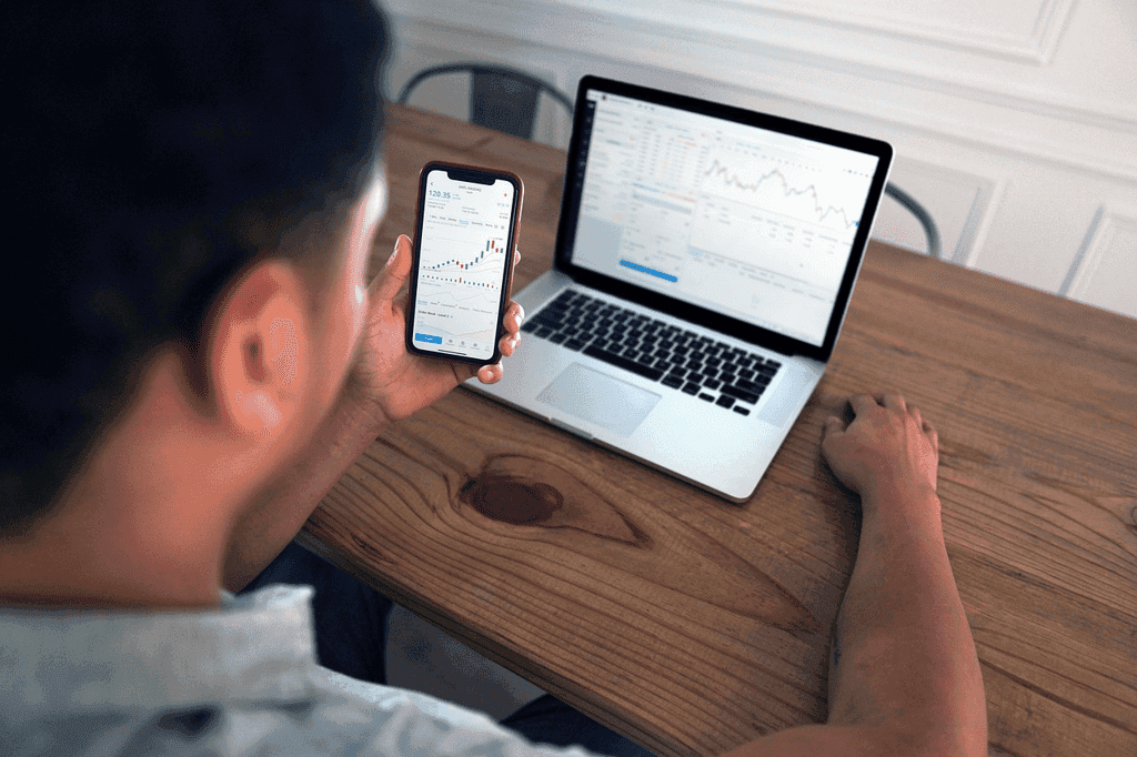 Investisseur qui suit la bourse sur téléphone et son ordinateur Investisseur qui suit la bourse sur téléphone et son ordinateur