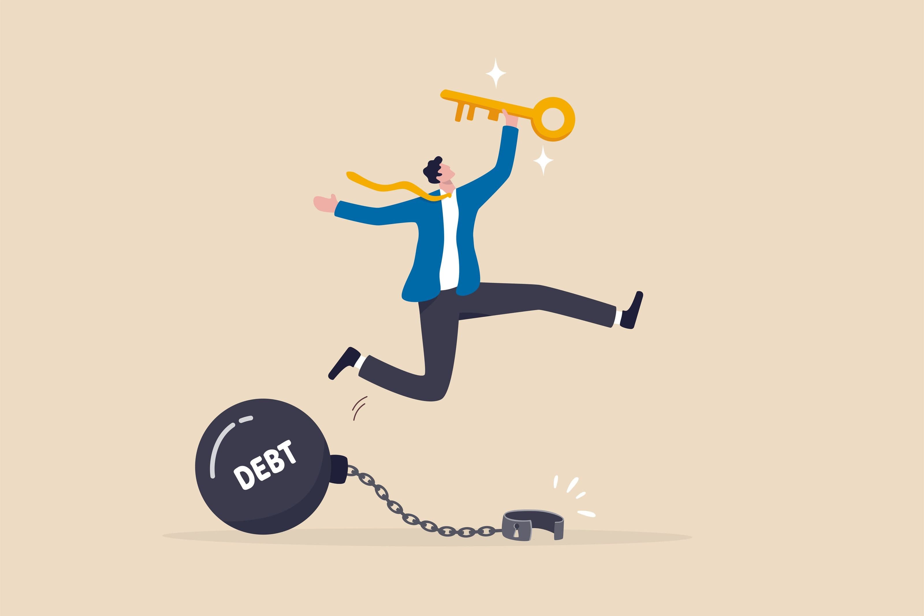 A fronte di una recessione è bene ripagare i propri debiti come mostrato nell'immagine di un uomo con una chiave dorata che si libera dal peso dei debiti. A fronte di una recessione è bene ripagare i propri debiti come mostrato nell'immagine di un uomo con una chiave dorata che si libera dal peso dei debiti.