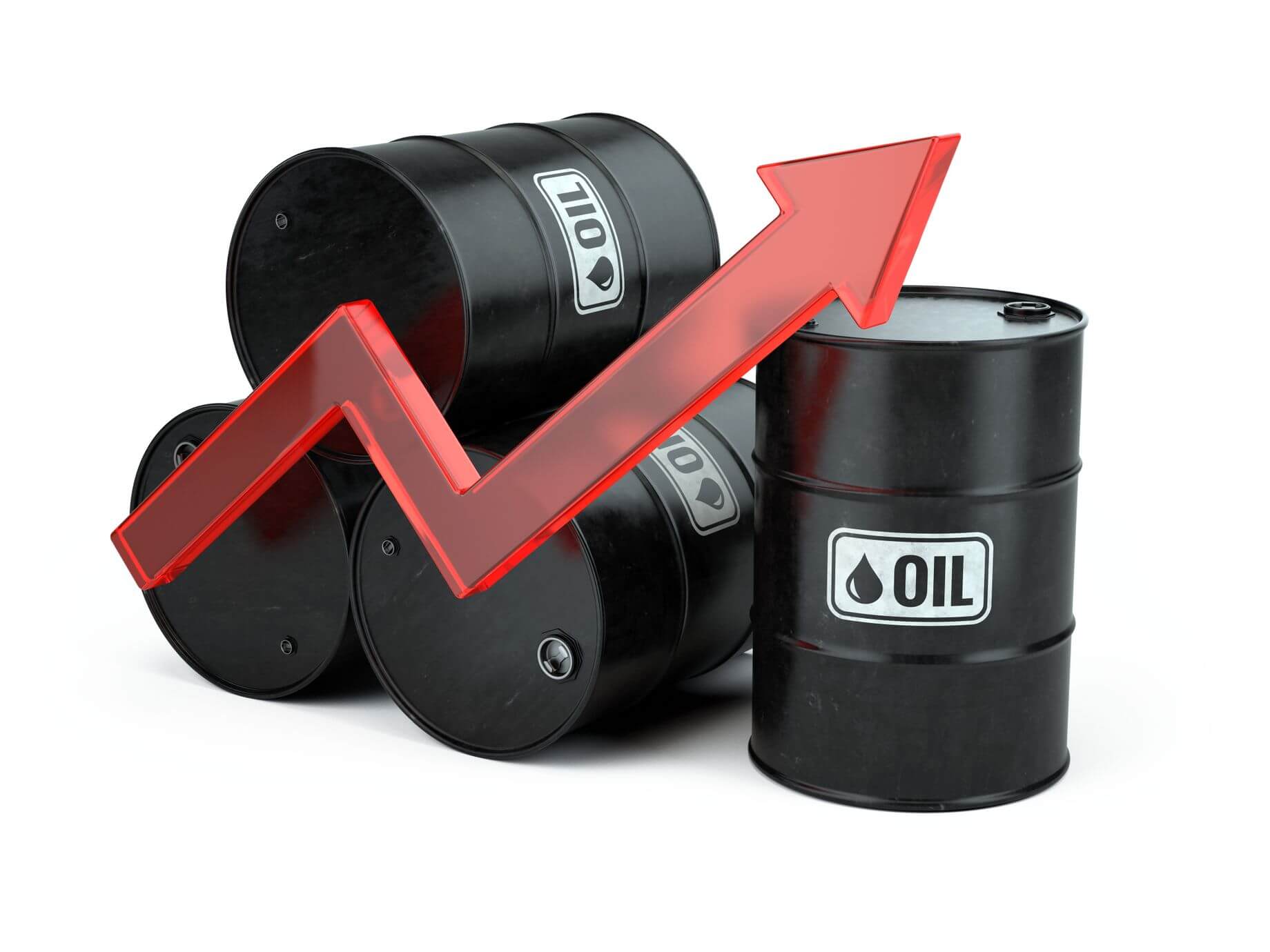 Ölfässer und roter Pfeil, der auf die in die Höhe schießenden Ölpreise hinweist, die eine der möglichen Ursachen der Stagflation sind Ölfässer und roter Pfeil, der auf die in die Höhe schießenden Ölpreise hinweist, die eine der möglichen Ursachen der Stagflation sind
