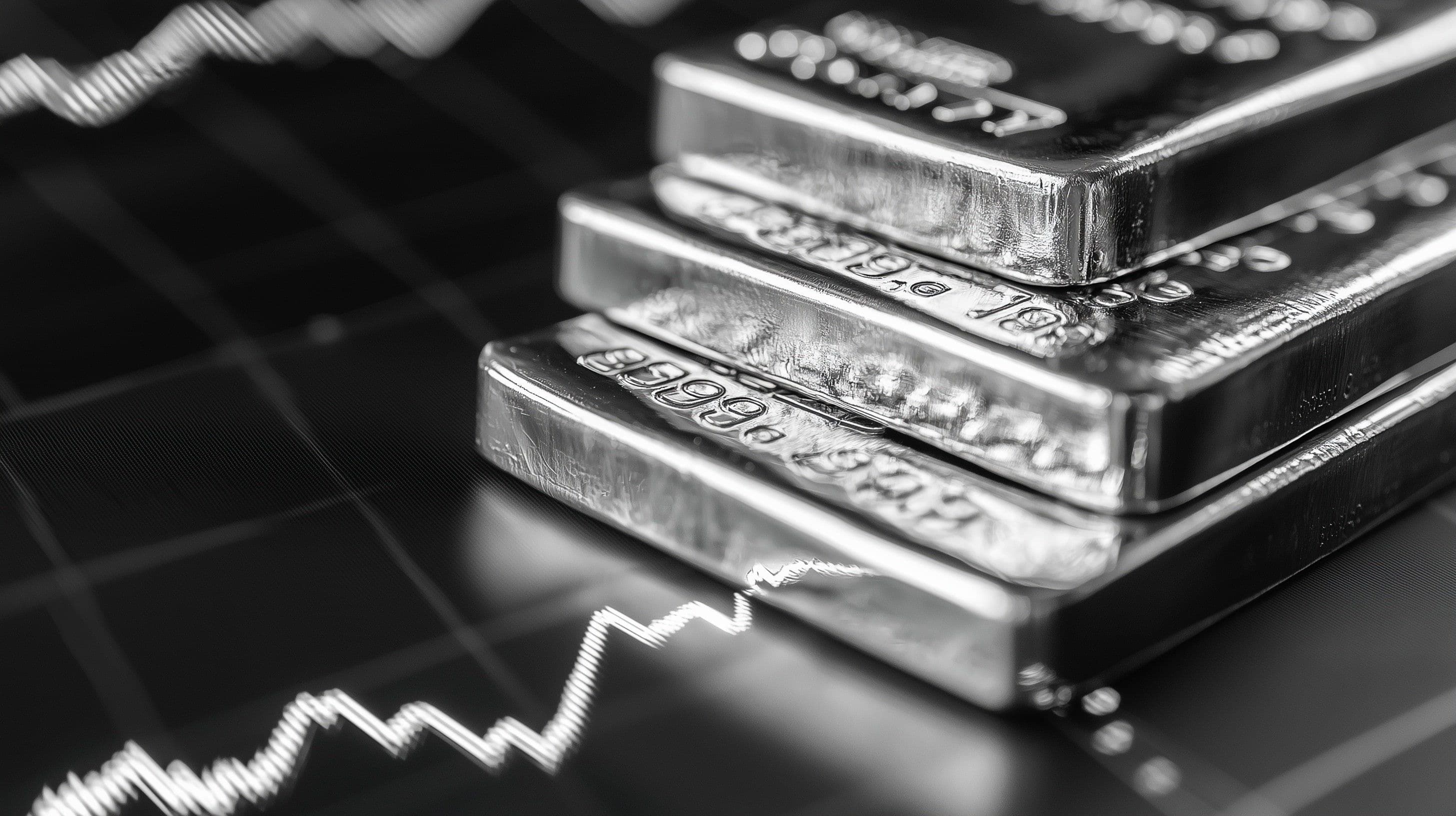 Differenzbesteuerung für Silber (und eine bessere Alternative) Gestapelte Silberbarren vor einem schwarzen Hintergrund mit Finanzdiagramm