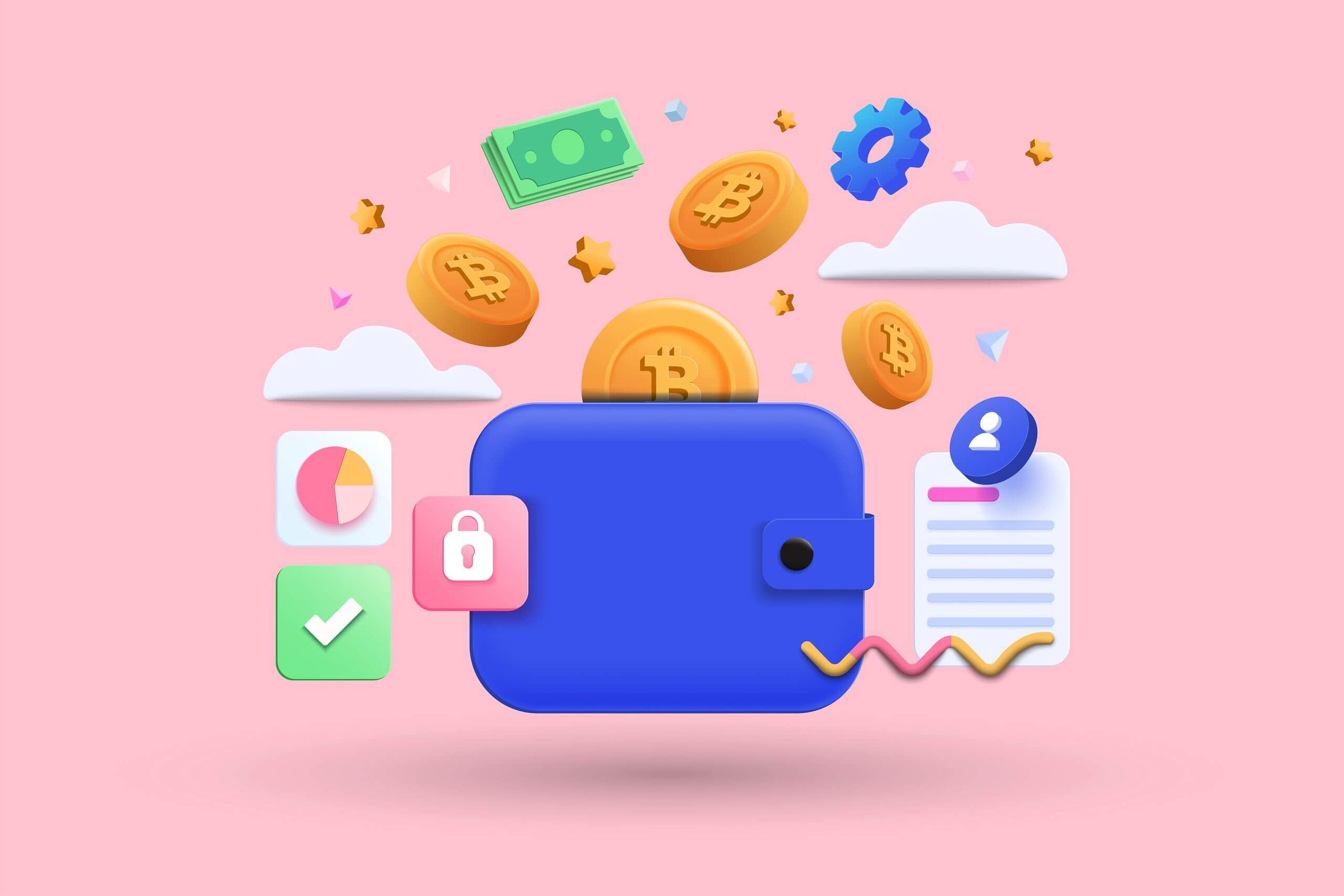 A blue wallet with a pie chart and bitcoins on a pink background A blue wallet with a pie chart and bitcoins on a pink background