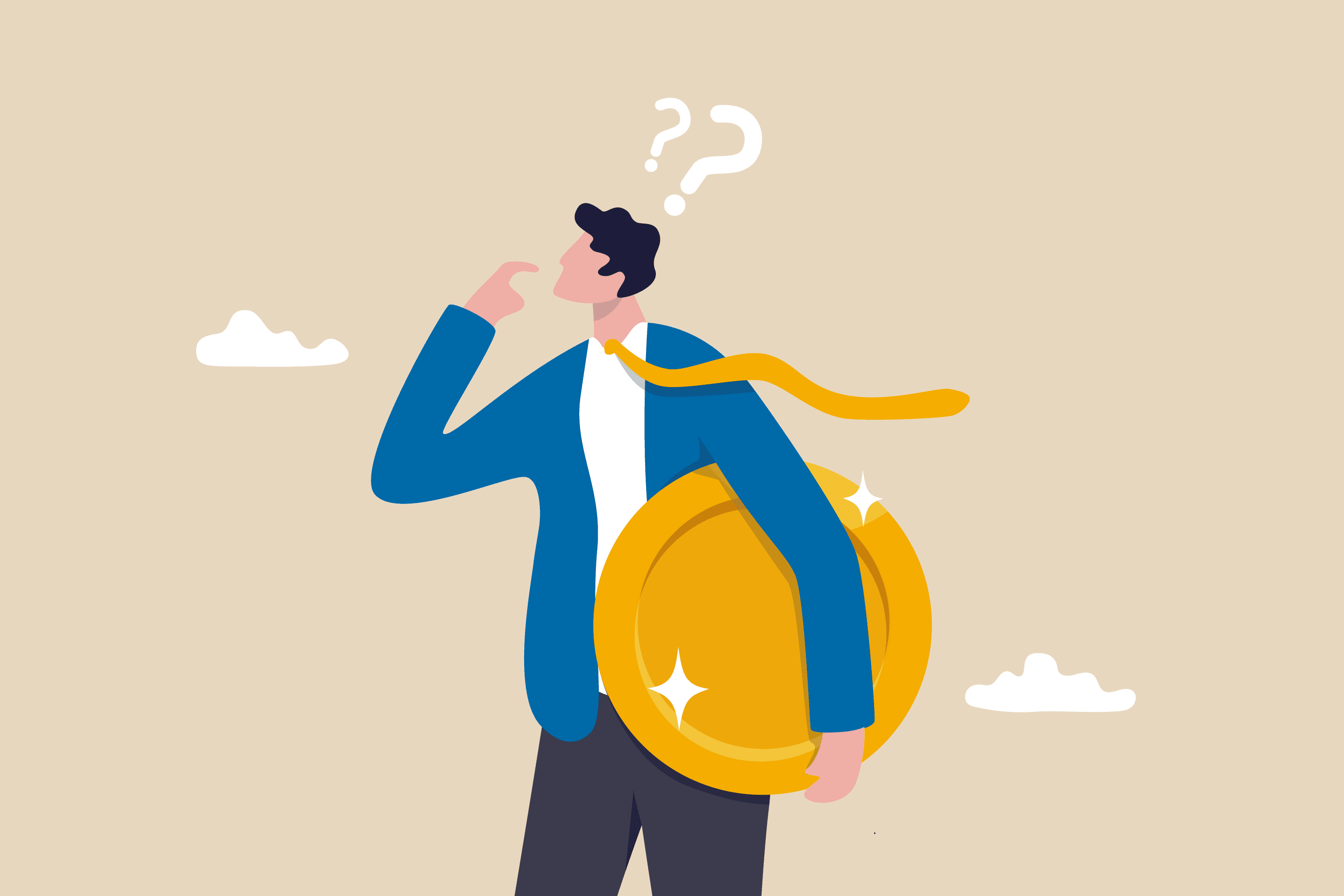 Wann ist ein guter Zeitpunkt, Gold zu kaufen? Die DCA-Strategie hilft Ihnen, Gold und Edelmetalle zum richtigen Zeitpunkt zu kaufen, wie auf dem Bild eines Cartoon-Mannes mit einer Goldmünze zu sehen ist.