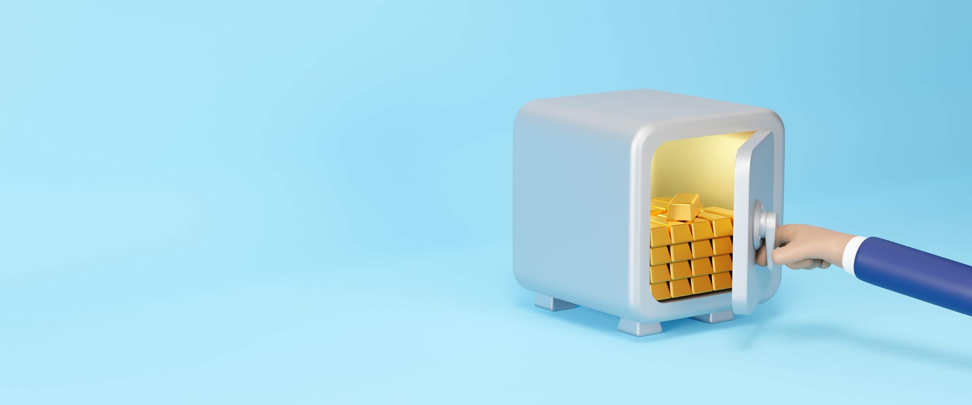 Saving vs. Investing: Which One to Choose? A hand opens a silver vault containing fine gold bars and gold savings on a blue background