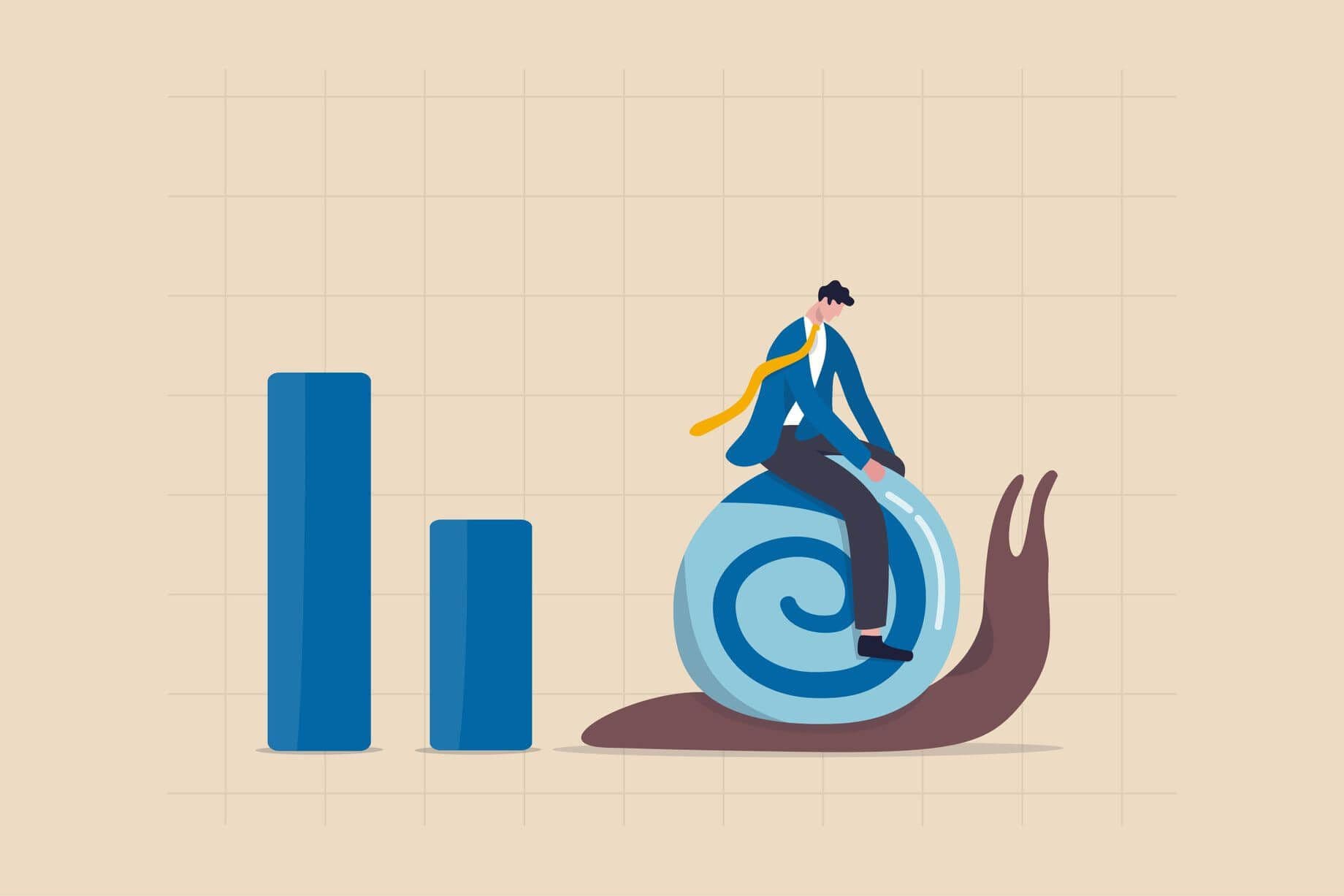 langsames Wirtschaftswachstum, das eine Stagflation verursacht, dargestellt mit dem Bild von einem Mann, der auf einer Schnecke reitet langsames Wirtschaftswachstum, das eine Stagflation verursacht, dargestellt mit dem Bild von einem Mann, der auf einer Schnecke reitet
