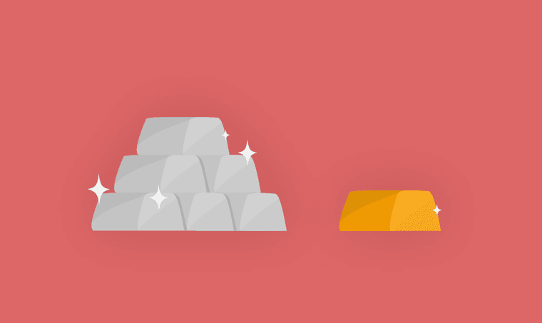 A pile of silver bars and a gold bar on the pink background A pile of silver bars and a gold bar on the pink background