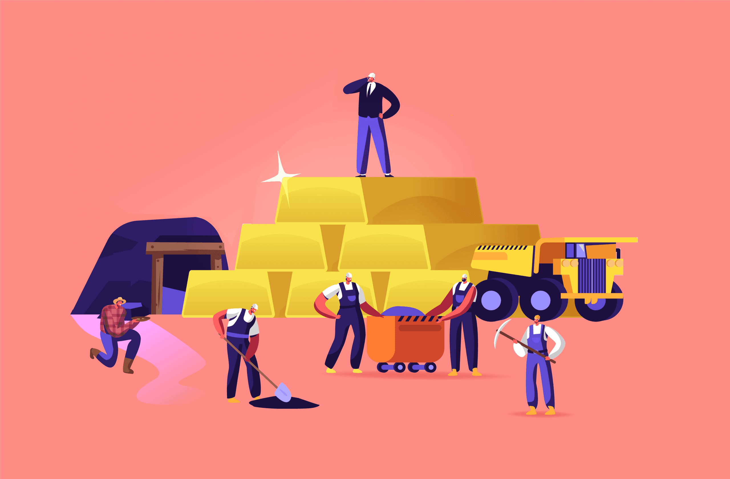 From the Earth to Your Vault: The Incredible Journey of Gold gold miners working at a gold mining site and an investor standing on a pile of gold bars on a pink background