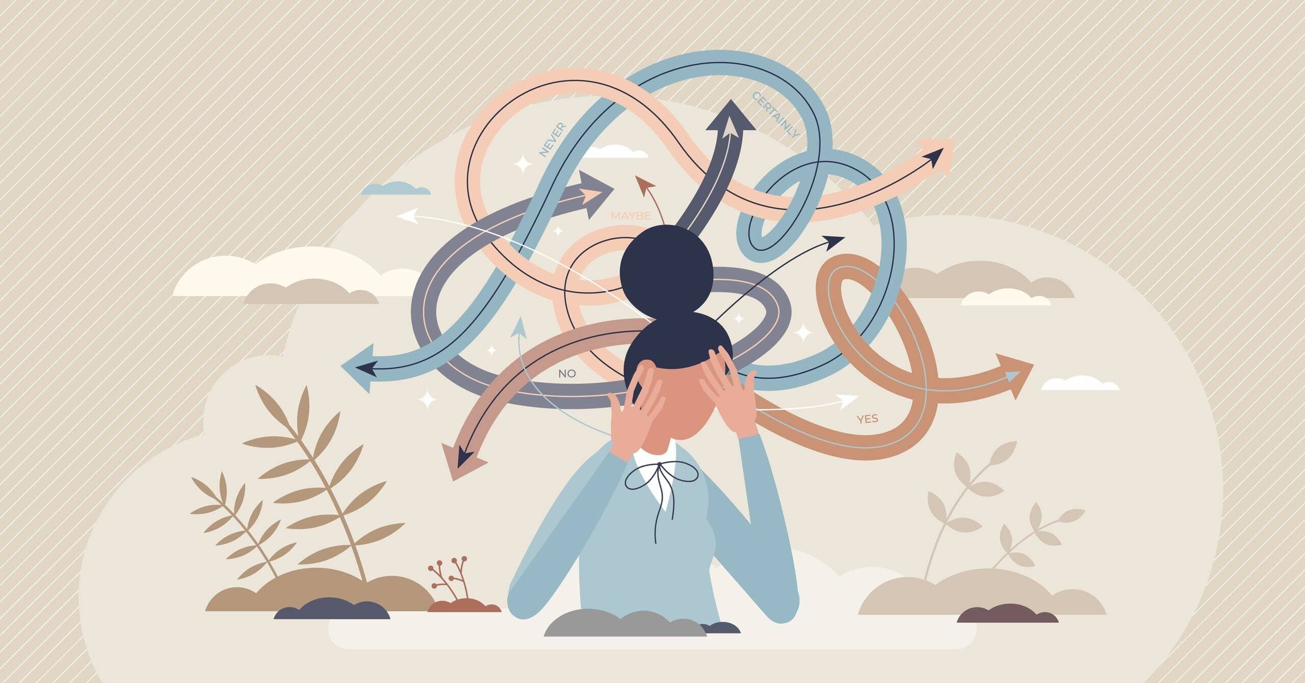 Comment les biais cognitifs influencent nos investissements? Illustration d'une femme perplexe pesant ses options, représentée par des flèches multicolores indiquant "non", "oui", "jamais" et "certainement".