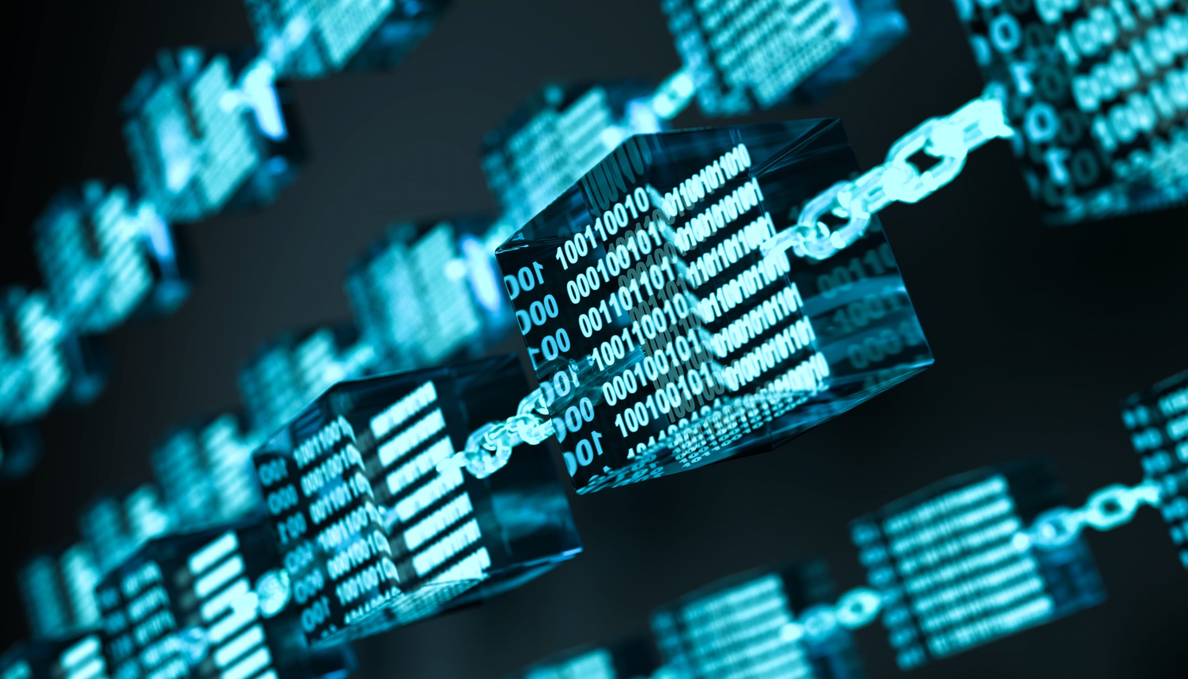 Illustration numérique représentant une chaîne de blocs avec des cubes transparents affichant du code binaire, symbolisant la technologie blockchain et les transactions sécurisées. Illustration numérique représentant une chaîne de blocs avec des cubes transparents affichant du code binaire, symbolisant la technologie blockchain et les transactions sécurisées.