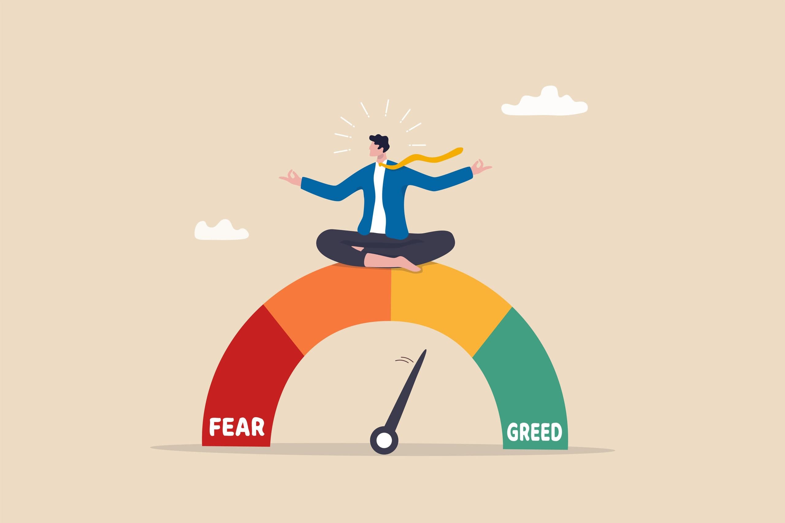 An illustration of an enlightened cartoon man sitting on a multicolor fear and greed index. An illustration of an enlightened cartoon man sitting on a multicolor fear and greed index.