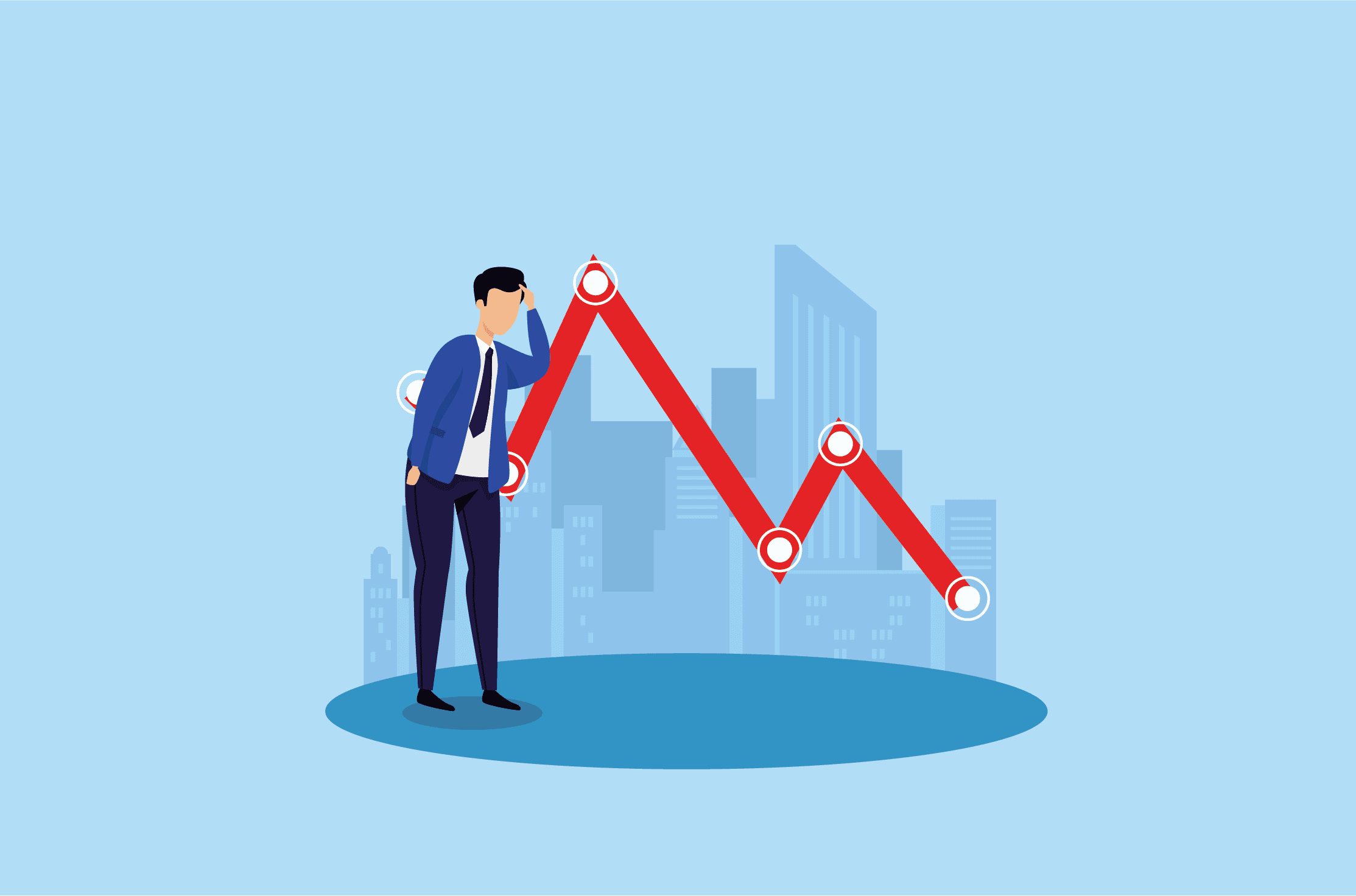 Bitcoin, stocks, gold: What is the best investment today? rising inflation and uncertain economic outlook pushed down the value of stocks and crypto as shown in the picture of a man in a blue suit looking at the red graph going down