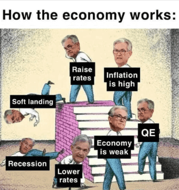 Ein Meme, das sich über die Maßnahmen der Fed zur Kontrolle der Wirtschaft lustig macht Ein Meme, das sich über die Maßnahmen der Fed zur Kontrolle der Wirtschaft lustig macht