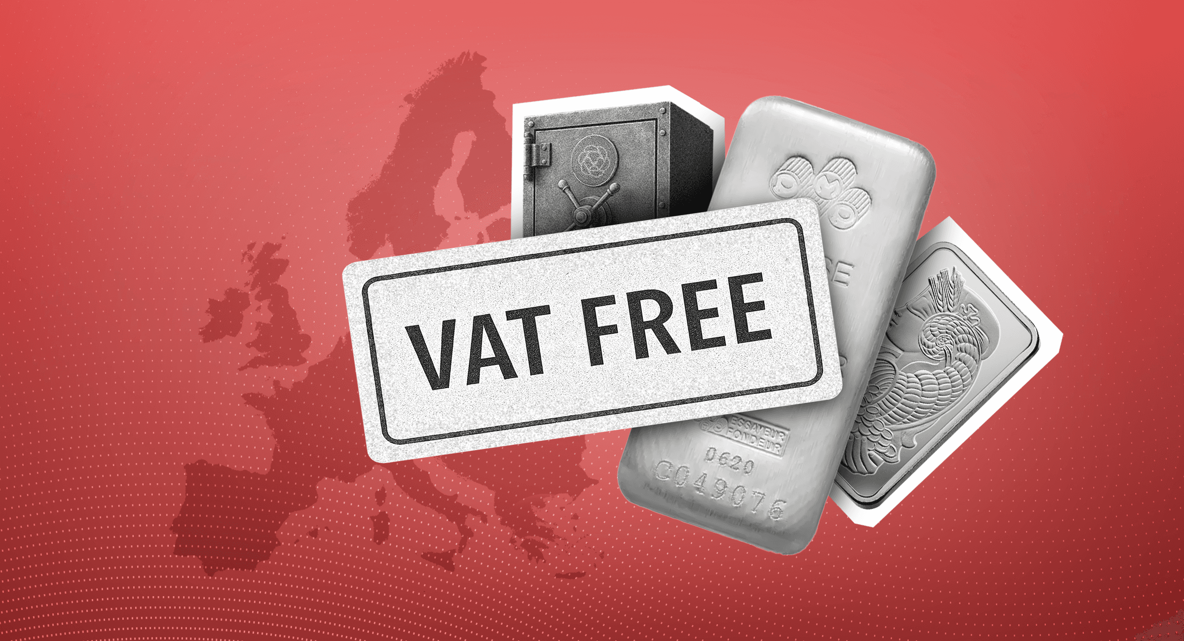 Investire in argento ed evitare l’IVA: è possibile? Cartello “VAT-FREE” (esente da IVA) sopra la mappa dell'Europa