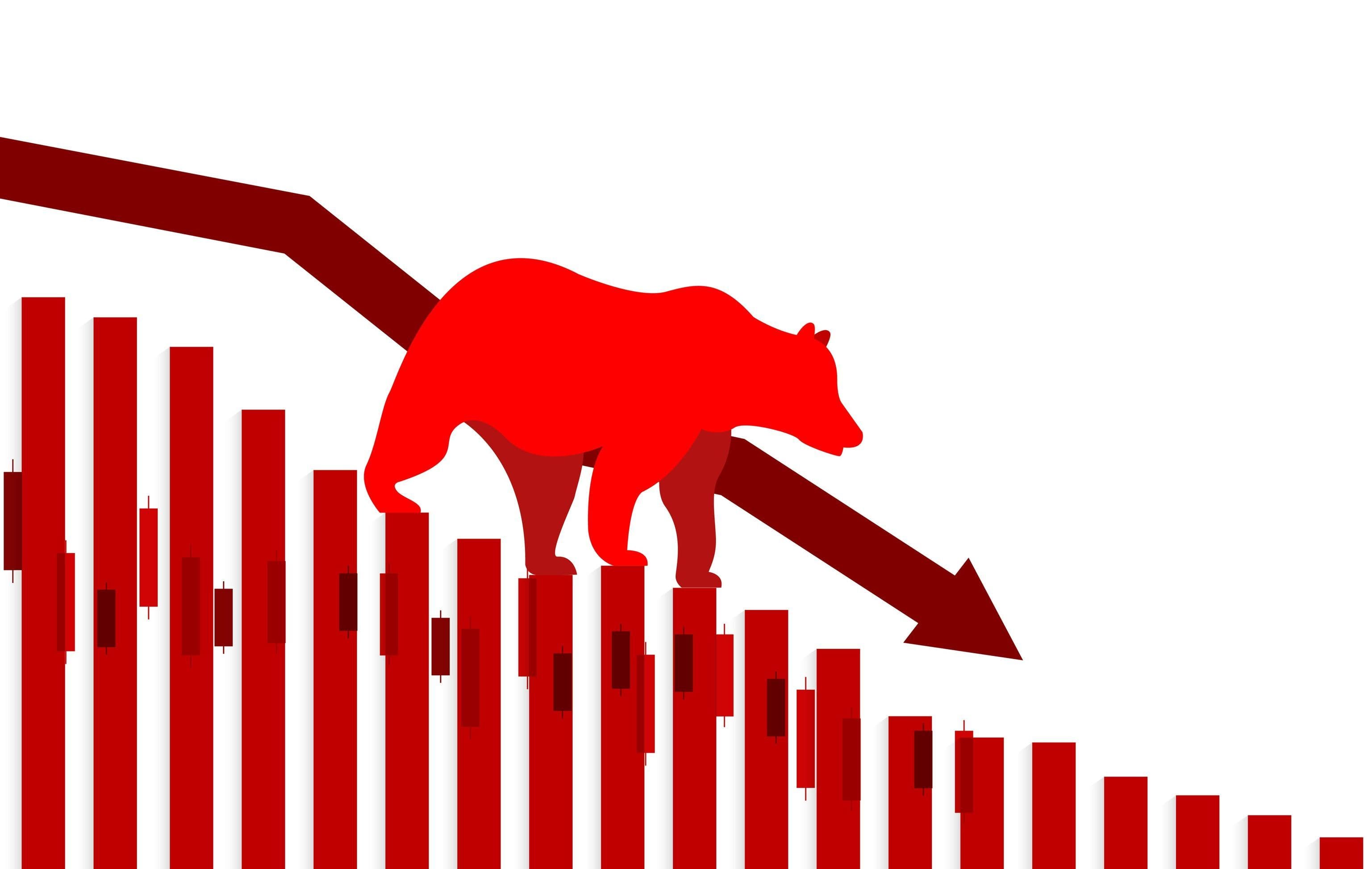 le S&P 500 a lentement basculé dans un bear market, marché baissier, le 18 mai, les indices des principales sociétés chutant comme le montre l'image d’un ours rouge descendant un graphique en chandelles rouge représentant le cours des actions boursières avec une flèche rouge derrière lui. le S&P 500 a lentement basculé dans un bear market, marché baissier, le 18 mai, les indices des principales sociétés chutant comme le montre l'image d’un ours rouge descendant un graphique en chandelles rouge représentant le cours des actions boursières avec une flèche rouge derrière lui.