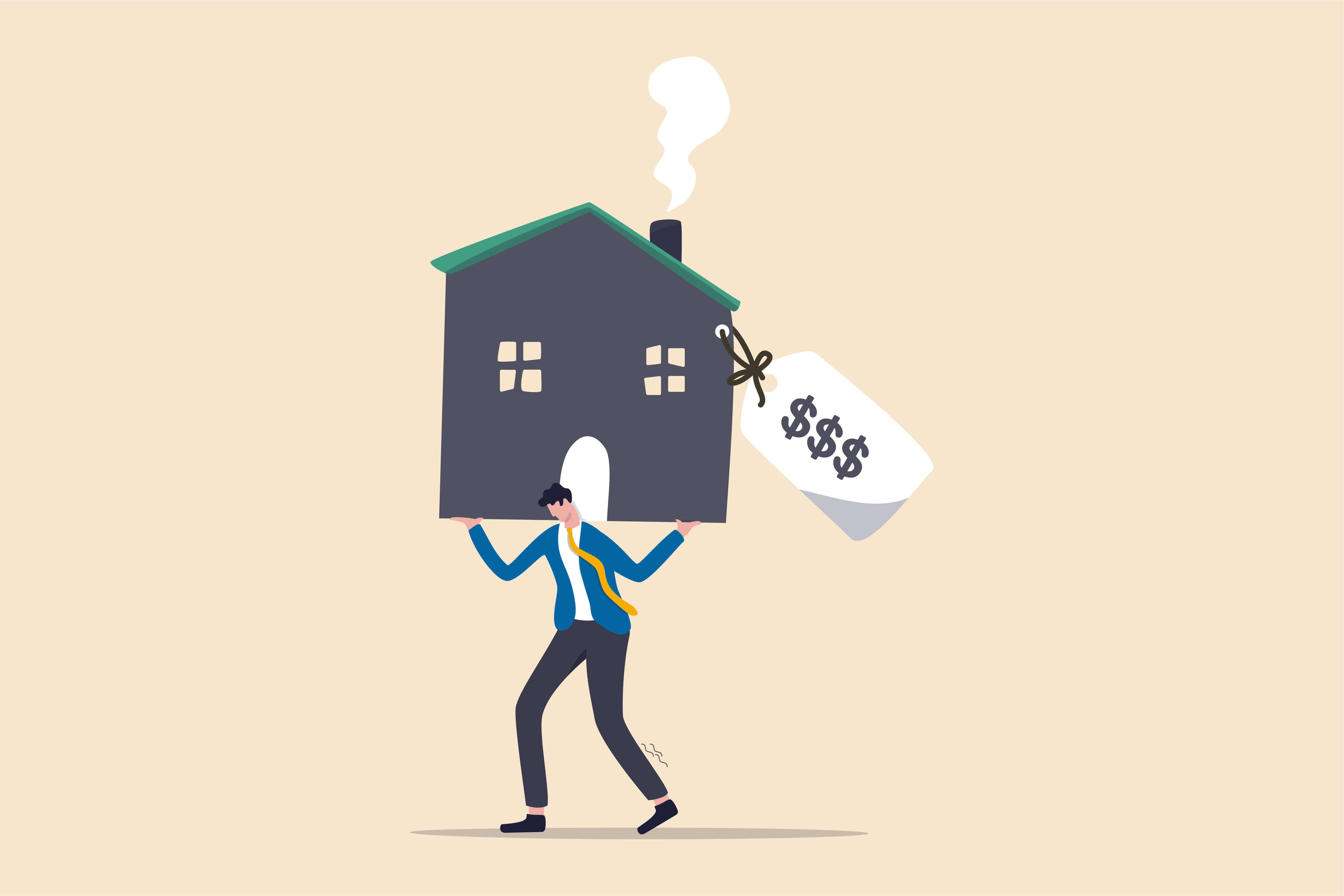 Sollten Sie im Jahr 2023 in Immobilien investieren? Ein Mann, der ein Haus mit einem teuren Preisschild auf den Schultern trägt, das für die hohen Kosten einer Immobilieninvestition steht
