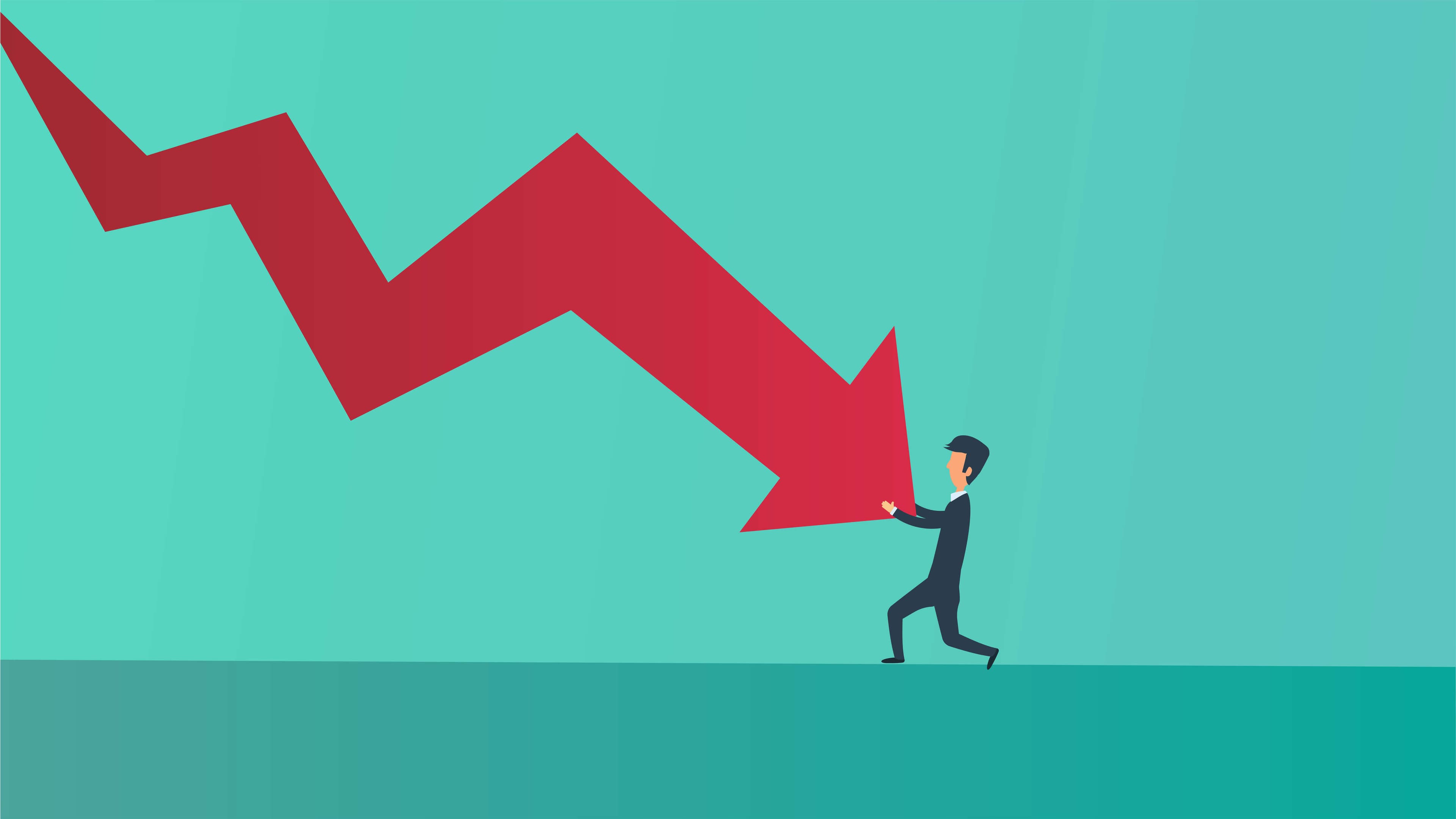 Weekly Digest: Dow Tumbles, Food Inflation Getting Worse dow sees the biggest plunge in almost two years as showed in the picture of a man pushing the red arrow downward.