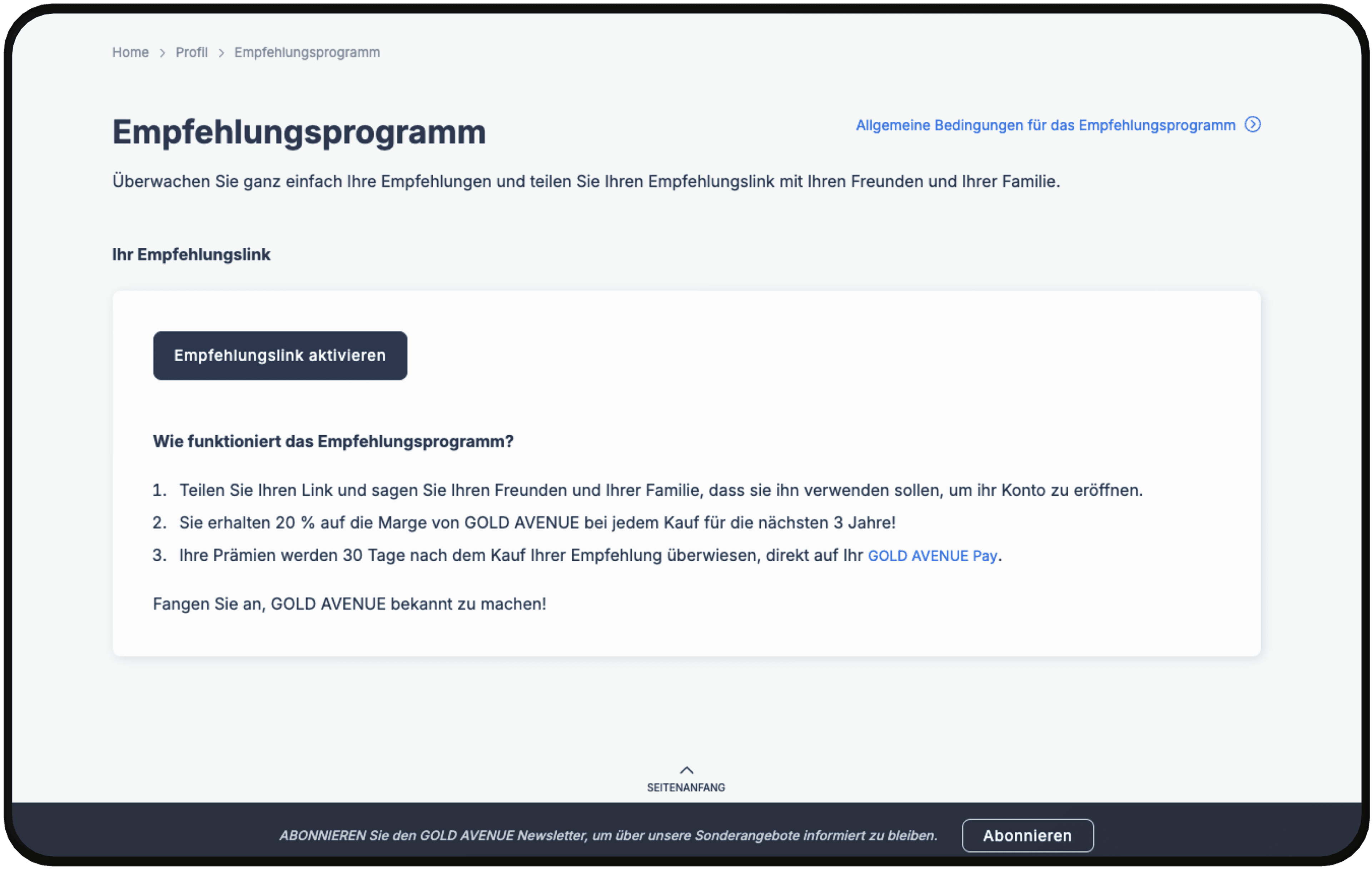 Persönlichen Empfehlungslink aktivieren