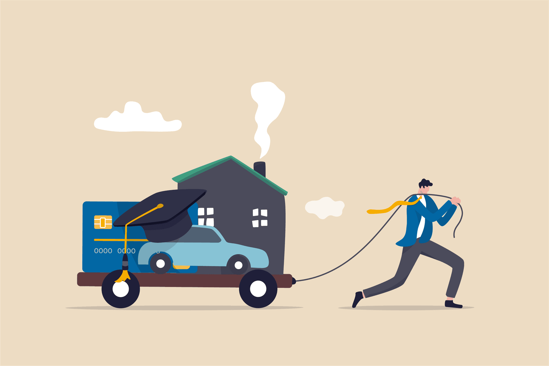 the effect of interest rate hikes on consumers represented by a picture of a cartoon man tugging on a cart with a car, a house, and a credit card the effect of interest rate hikes on consumers represented by a picture of a cartoon man tugging on a cart with a car, a house, and a credit card