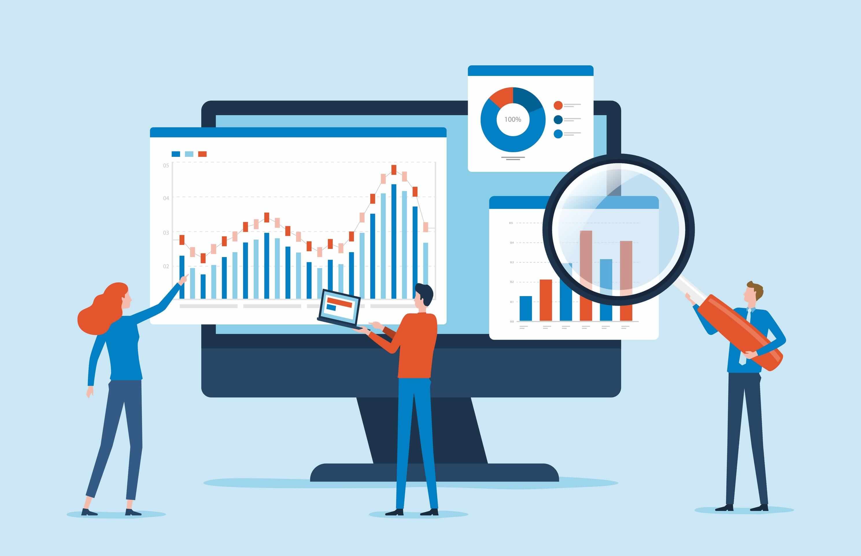 People looking at graphs and a pie chart People looking at graphs and a pie chart