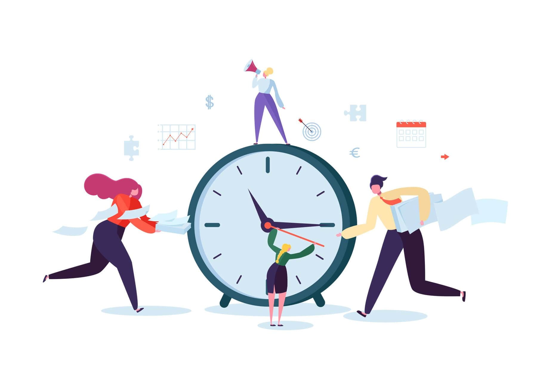 À quel âge faut-il commencer à investir? Des personnages se pressent autour d'une horloge géante avec des symboles d'euro, de dollar, de puzzle et de graphiques flottant en arrière-plan pour symboliser le besoin de commencer à investir