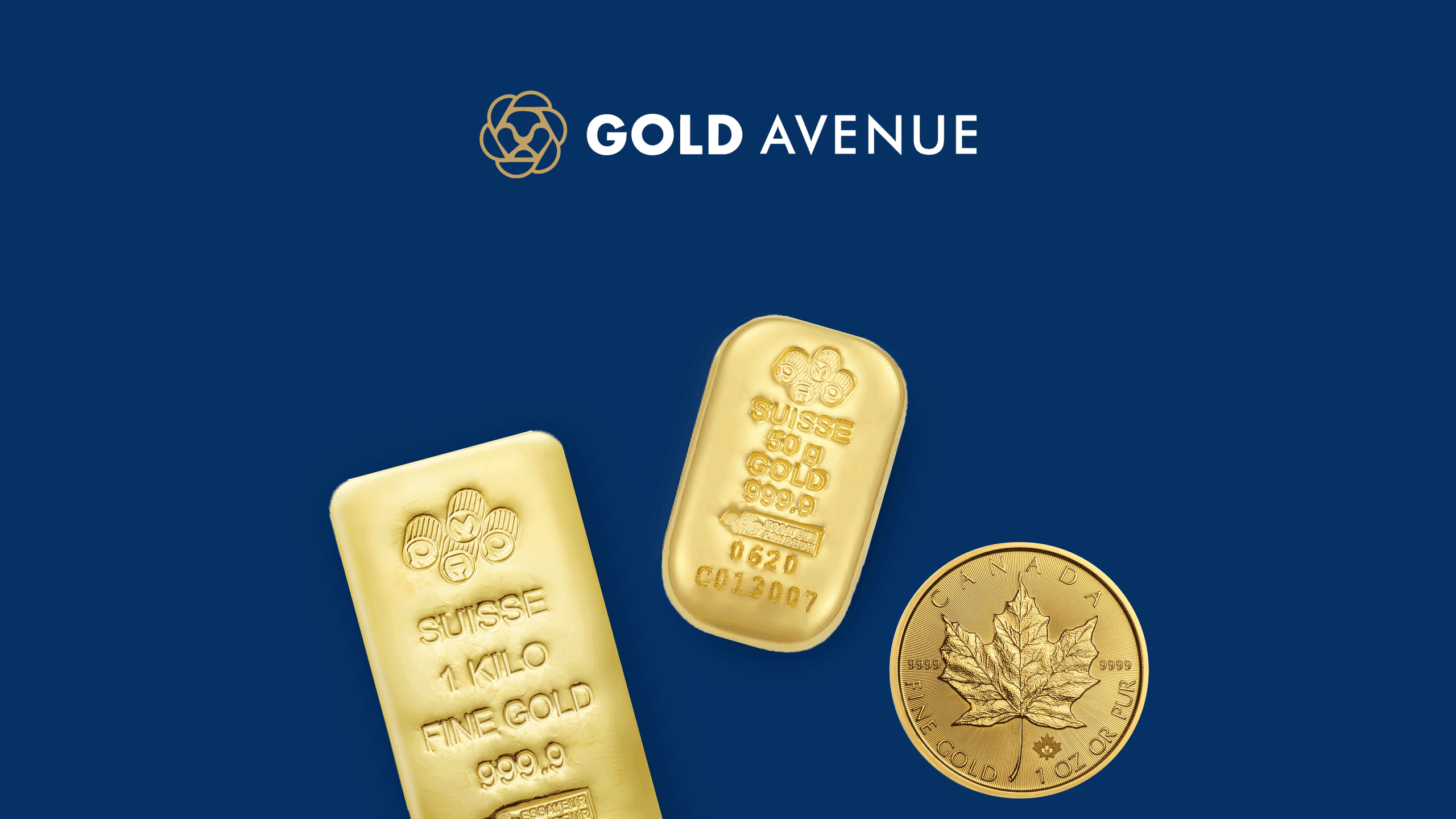 1 kilo PAMP Suisse gold bar, 50 g PAMP Suisse gold bar, and Canadian Maple Leaf gold coin on a blue background with GOLD AVENUE logo 1 kilo PAMP Suisse gold bar, 50 g PAMP Suisse gold bar, and Canadian Maple Leaf gold coin on a blue background with GOLD AVENUE logo