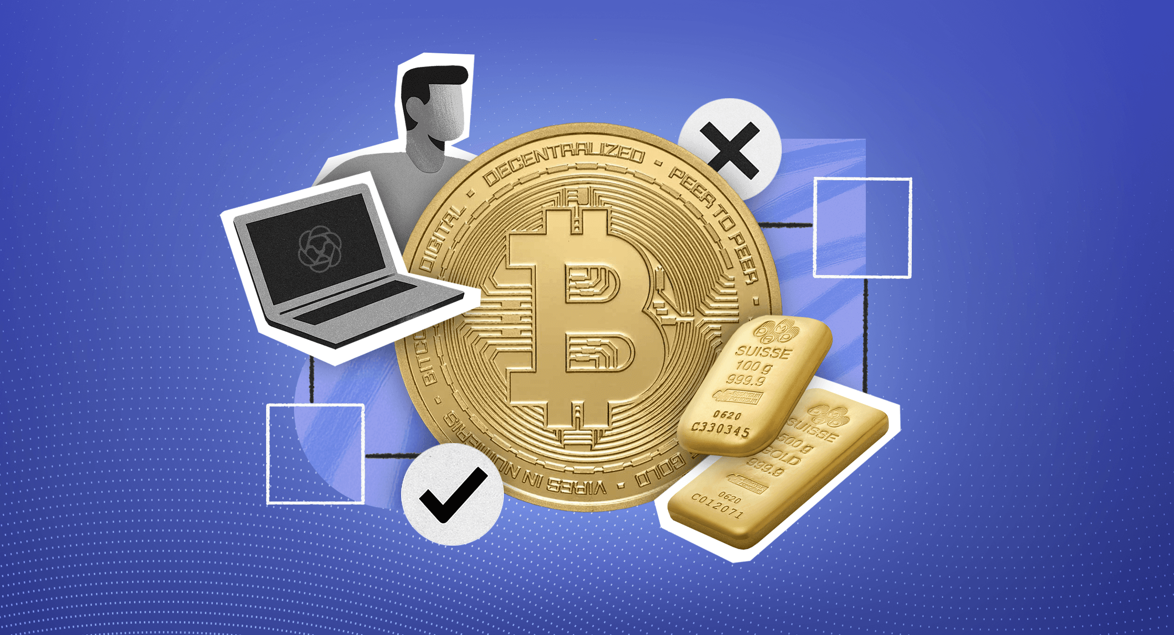 Gold versus Bitcoin: Which should you invest in? A balance with one bitcoin and gold bars on different sides