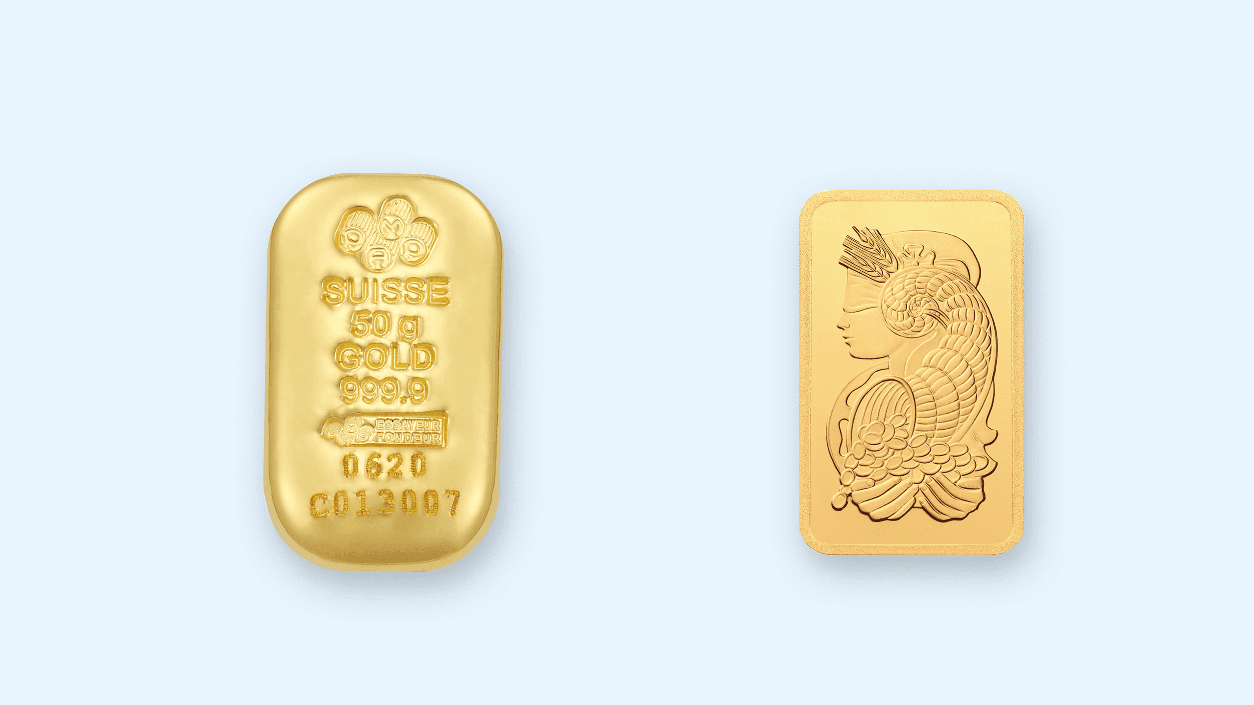 PAMP Suisse gold cast bar and Lady Fortuna minted gold bar on a light blue background PAMP Suisse gold cast bar and Lady Fortuna minted gold bar on a light blue background