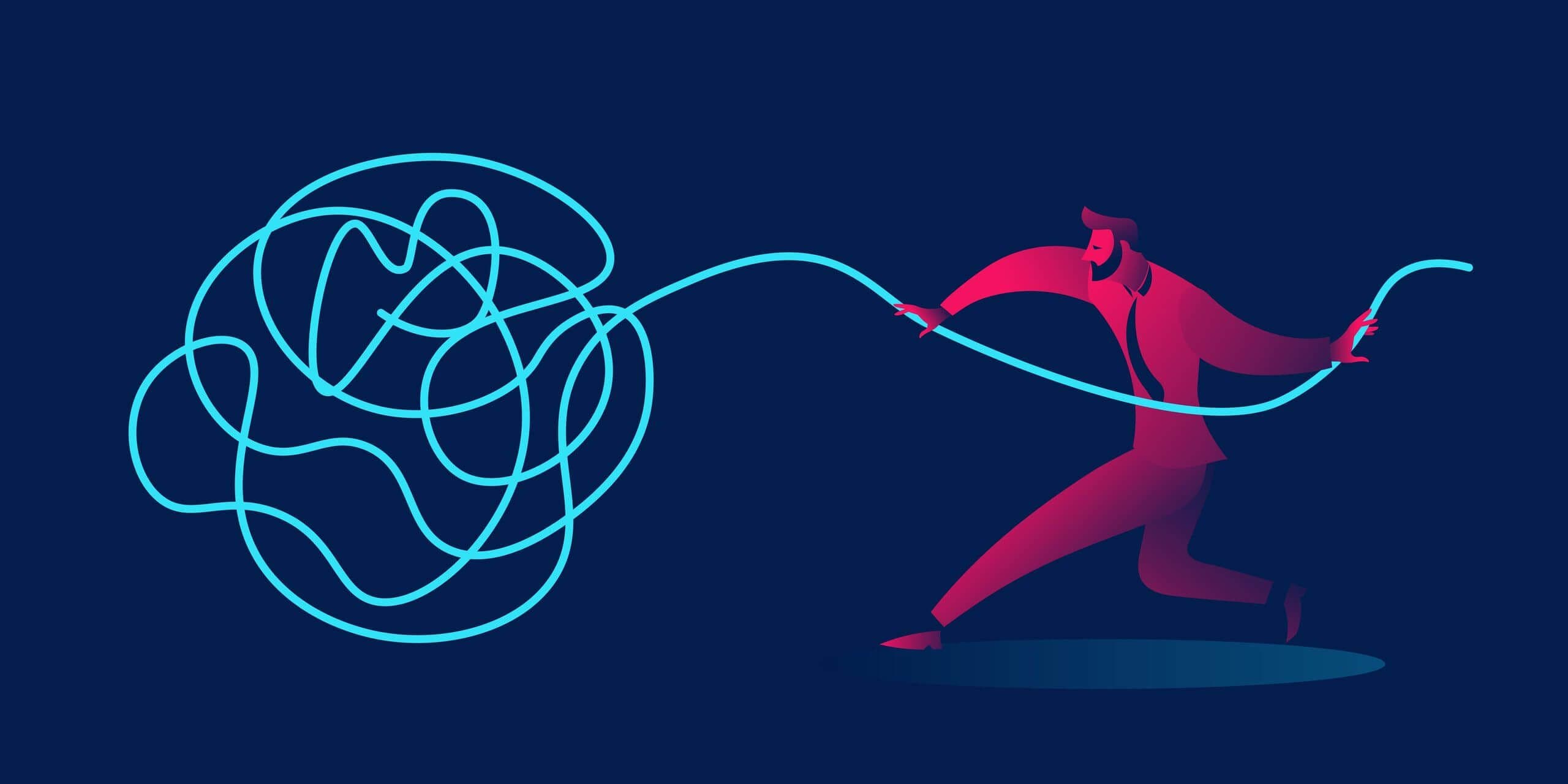 un homme en rouge tentant de démêler une fil bleu. un homme en rouge tentant de démêler une fil bleu.