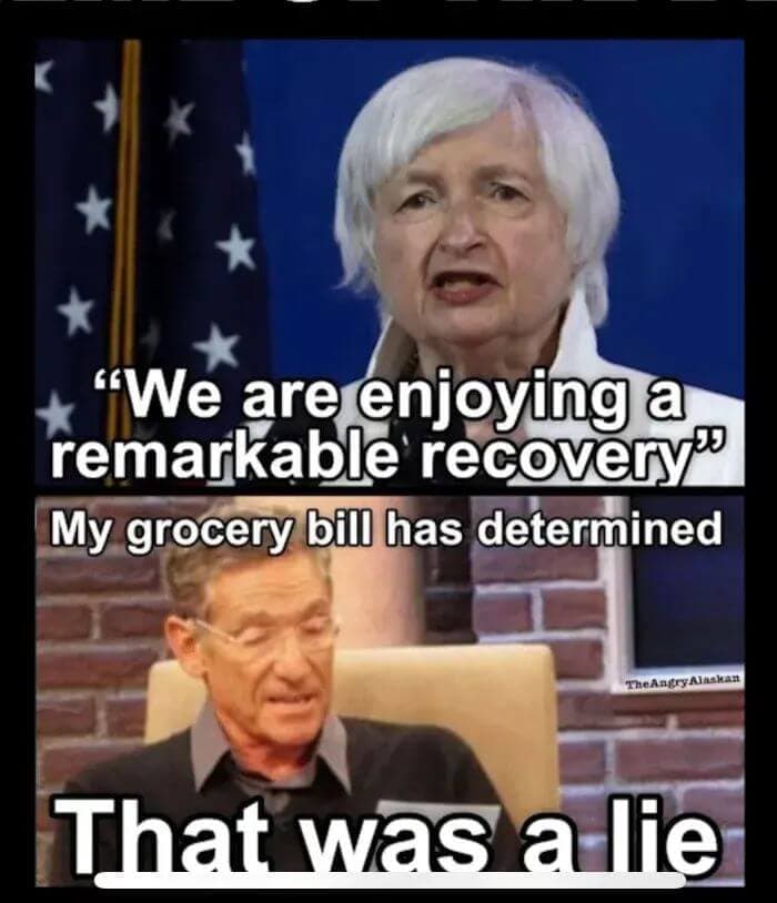 Ein Meme, das sich über die wirtschaftliche Erholung Amerikas und die anhaltende Inflation lustig macht Ein Meme, das sich über die wirtschaftliche Erholung Amerikas und die anhaltende Inflation lustig macht