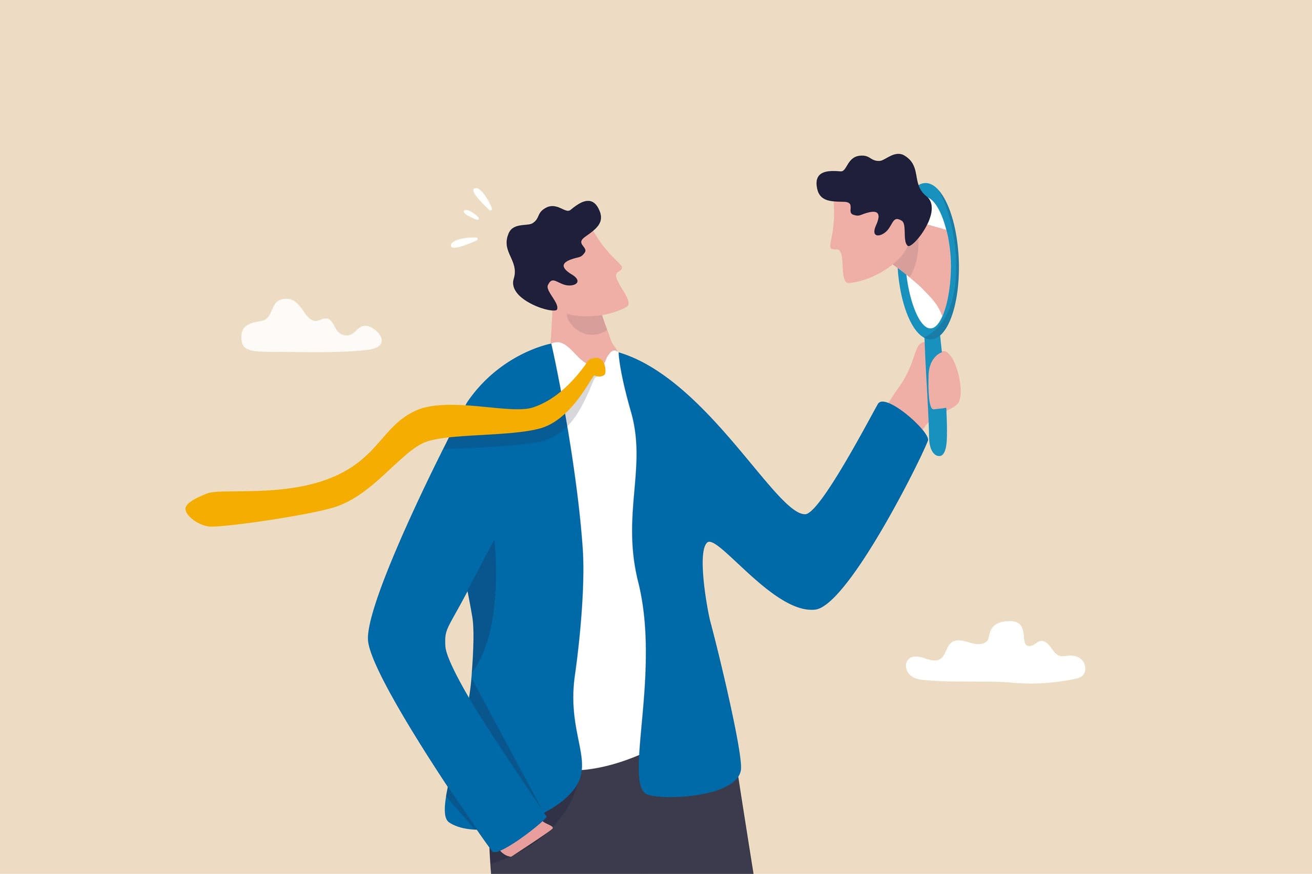 A cartoon illustration of a narcissistic man looking at himself in a mirror A cartoon illustration of a narcissistic man looking at himself in a mirror