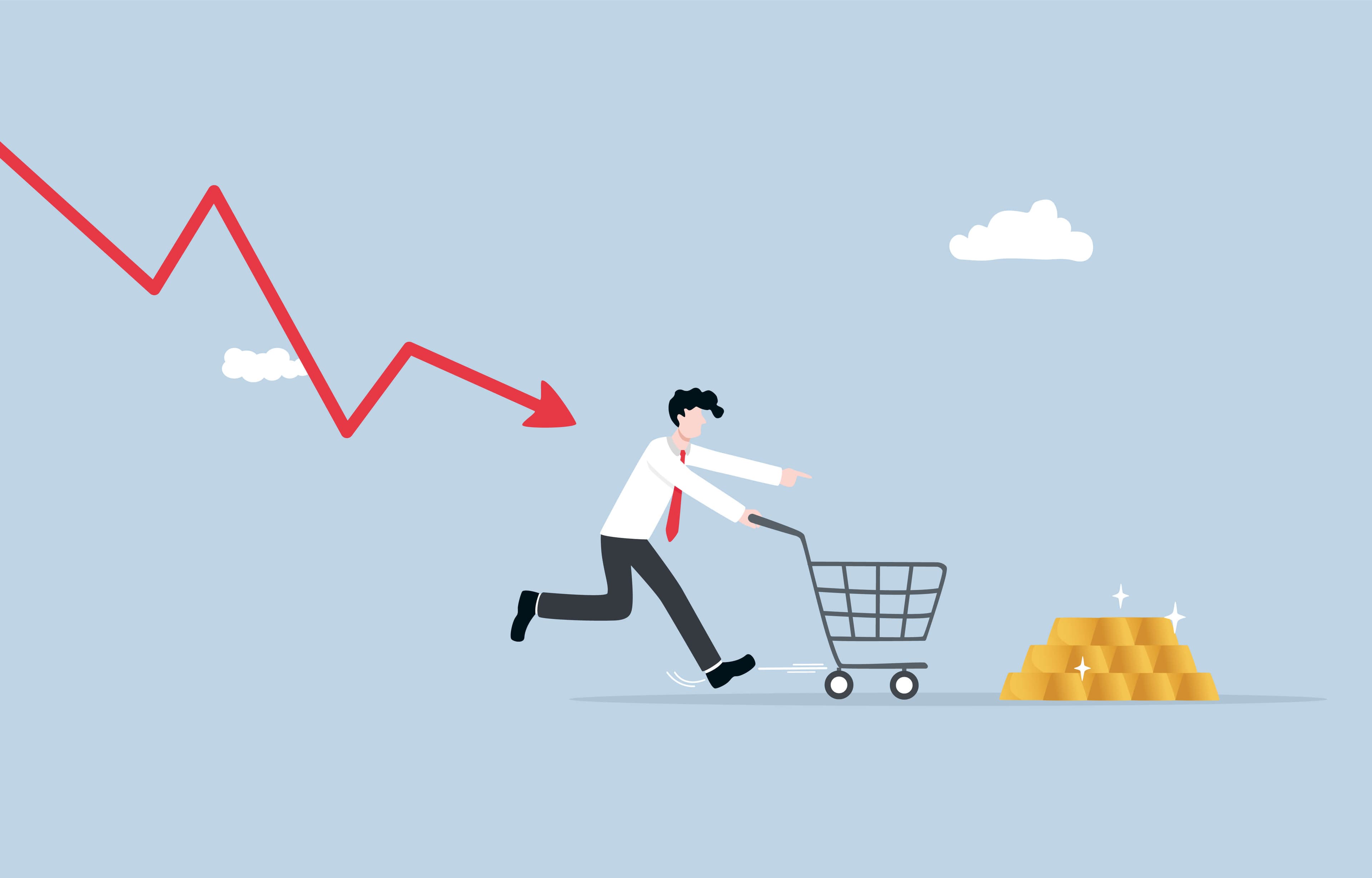 A man running with a trolley towards a stack of gold bars A man running with a trolley towards a stack of gold bars
