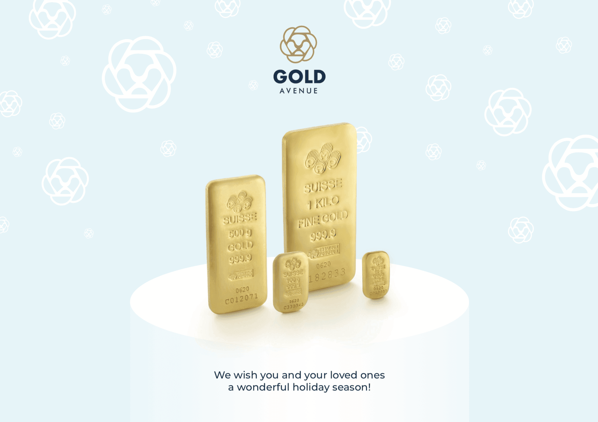 Joyeuses fêtes de la part de toute l'équipe GOLD AVENUE lingots d'or du pamp suisse sur fond bleu avec le logo de l'avenue de l'or