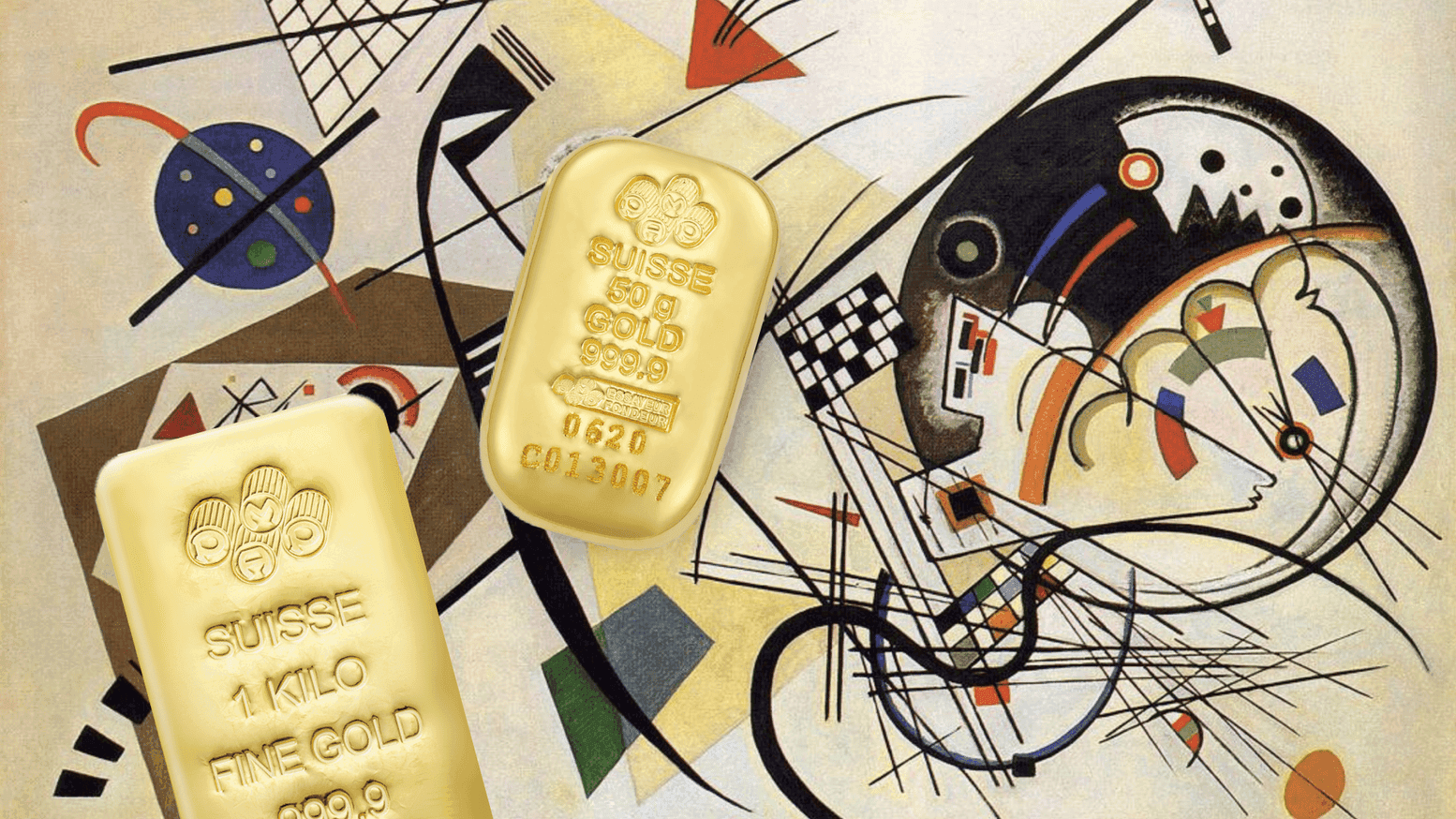 Meglio investire nell'arte o investire in oro? Lingotto d'oro PMAP Suisse da 1 chilogrammo e lingotto d'oro PAMP Suisse da 50 grammi su un motivo artistico.