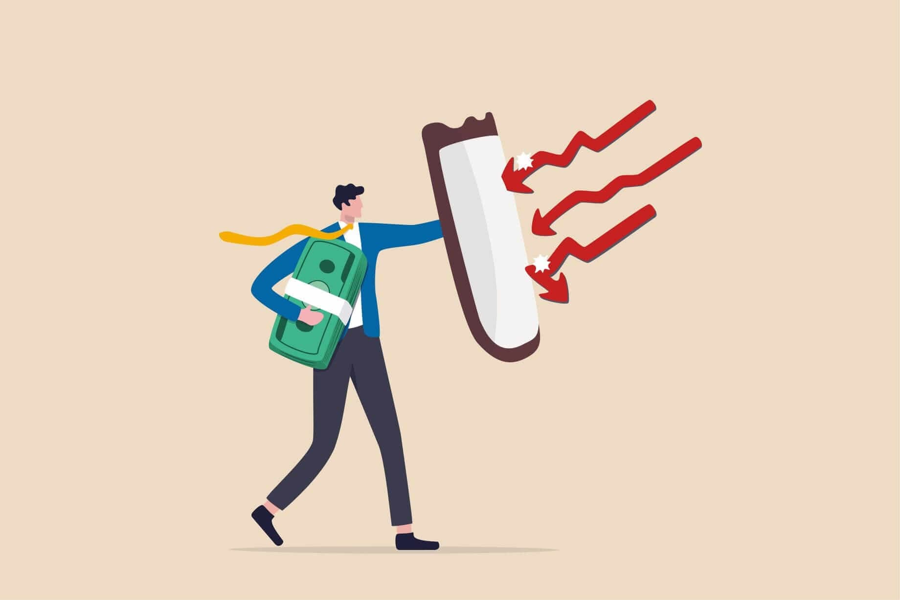 Schützen Sie Ihr Anlageportfolio, indem Sie sichere Anlagen wie Gold und Edelmetalle hinzufügen, dargestellt in einem Bild mit einem Cartoon-Mann der ein Schild und Papiergeld bei sich trägt Schützen Sie Ihr Anlageportfolio, indem Sie sichere Anlagen wie Gold und Edelmetalle hinzufügen, dargestellt in einem Bild mit einem Cartoon-Mann der ein Schild und Papiergeld bei sich trägt