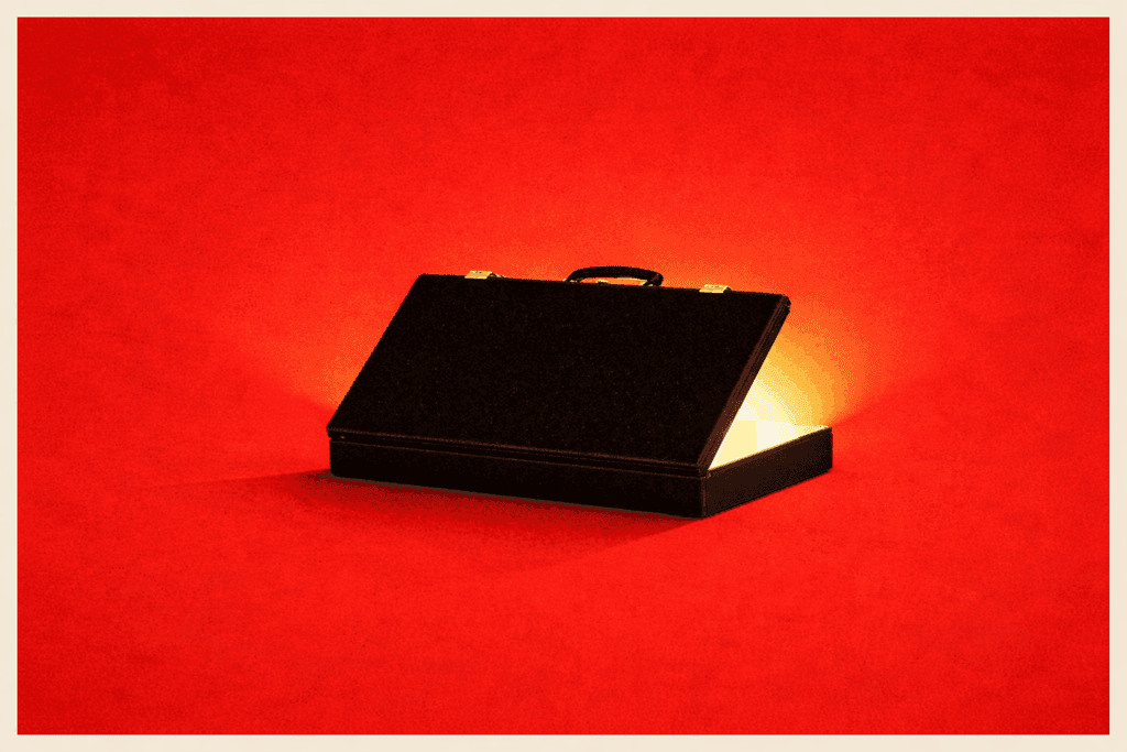 A suitcase with something shiny inside