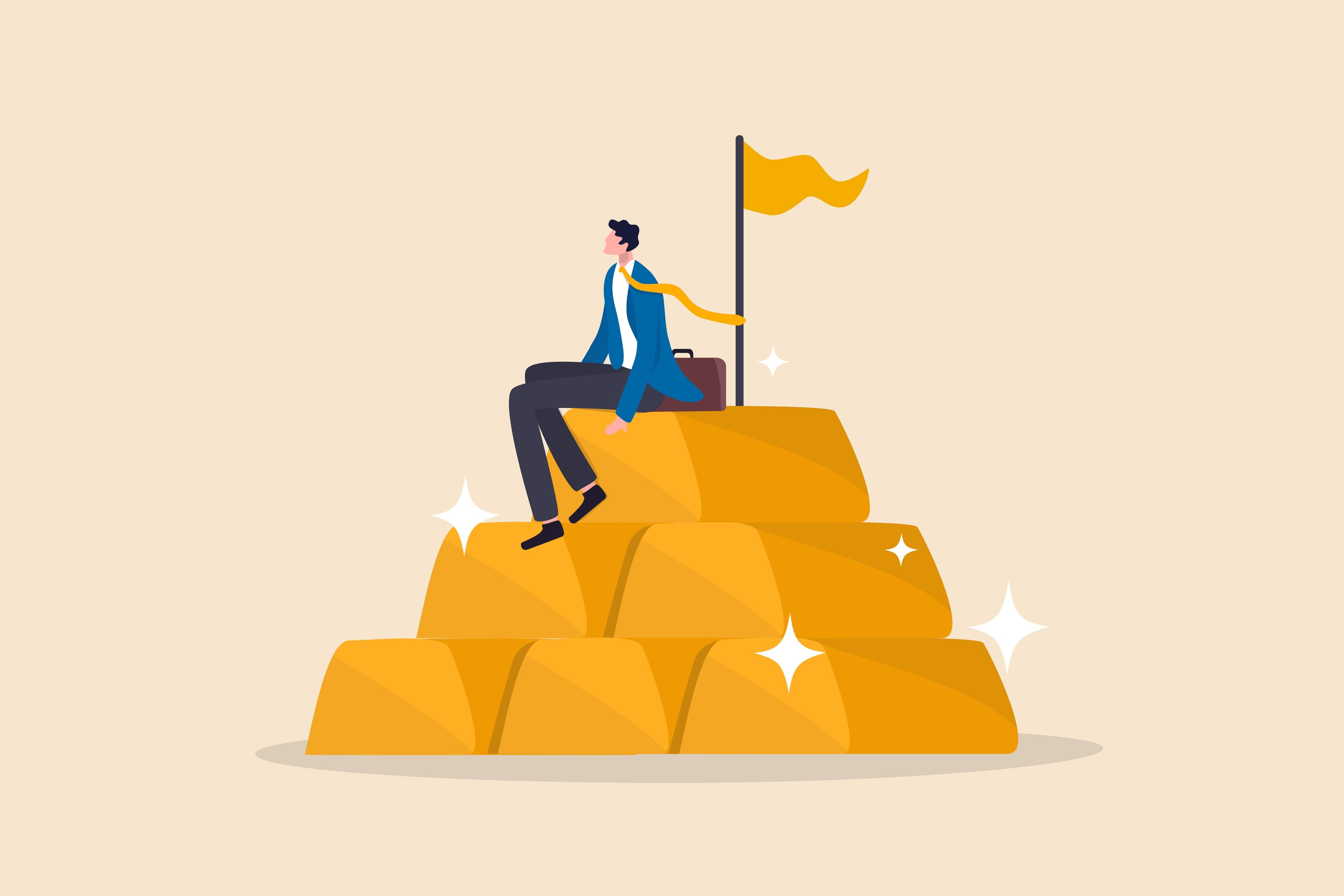 Ein Mann sitzt auf einem Haufen Goldbarren Ein Mann sitzt auf einem Haufen Goldbarren