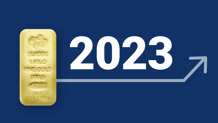 Will the Gold Price Rise in 2023? PAMP Suisse Gold bar with the date 2023 and a white arrow on a dark blue background