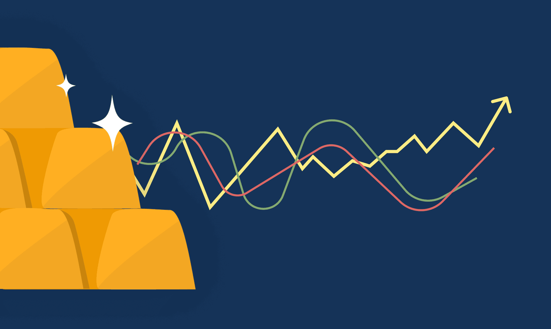The Importance of Gold in the Economy: Why It Matters and How It Impacts Financial Stability A stash of gold bars with fluctuating yellow, red and green arrows on a blue background