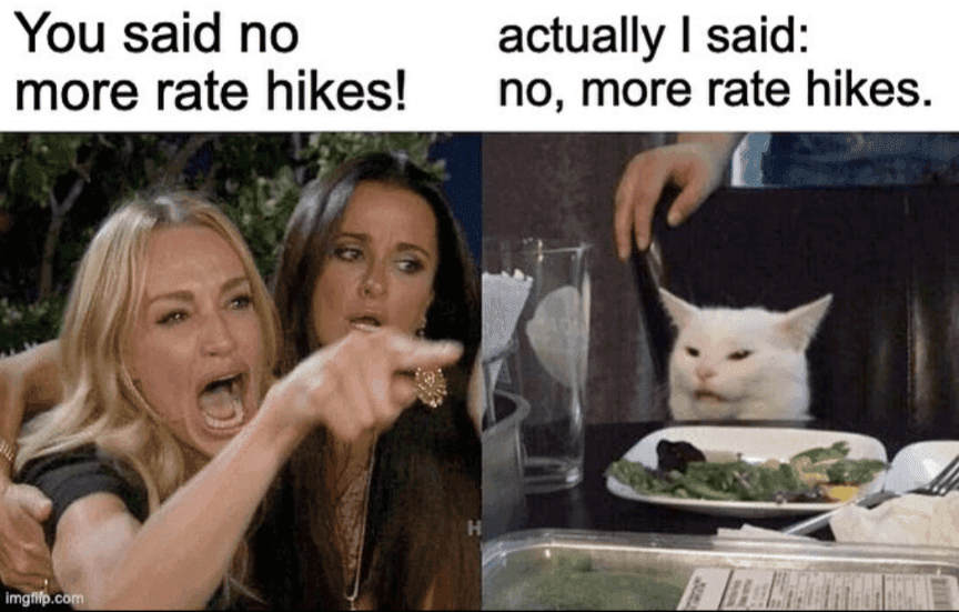 Un meme che prende in giro gli infiniti rialzi dei tassi della Fed Un meme che prende in giro gli infiniti rialzi dei tassi della Fed